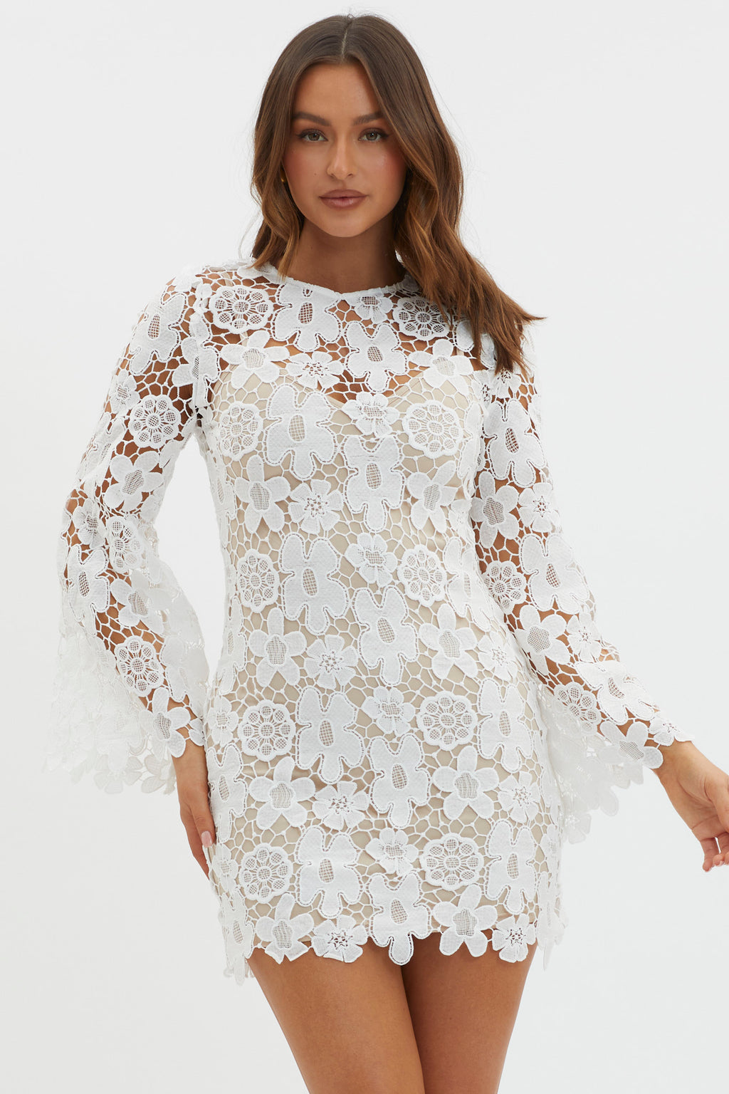 Reinhart Flared Sleeve Crochet Lace Dress White Reinhart Flared Sleeve Crochet Lace Dress White