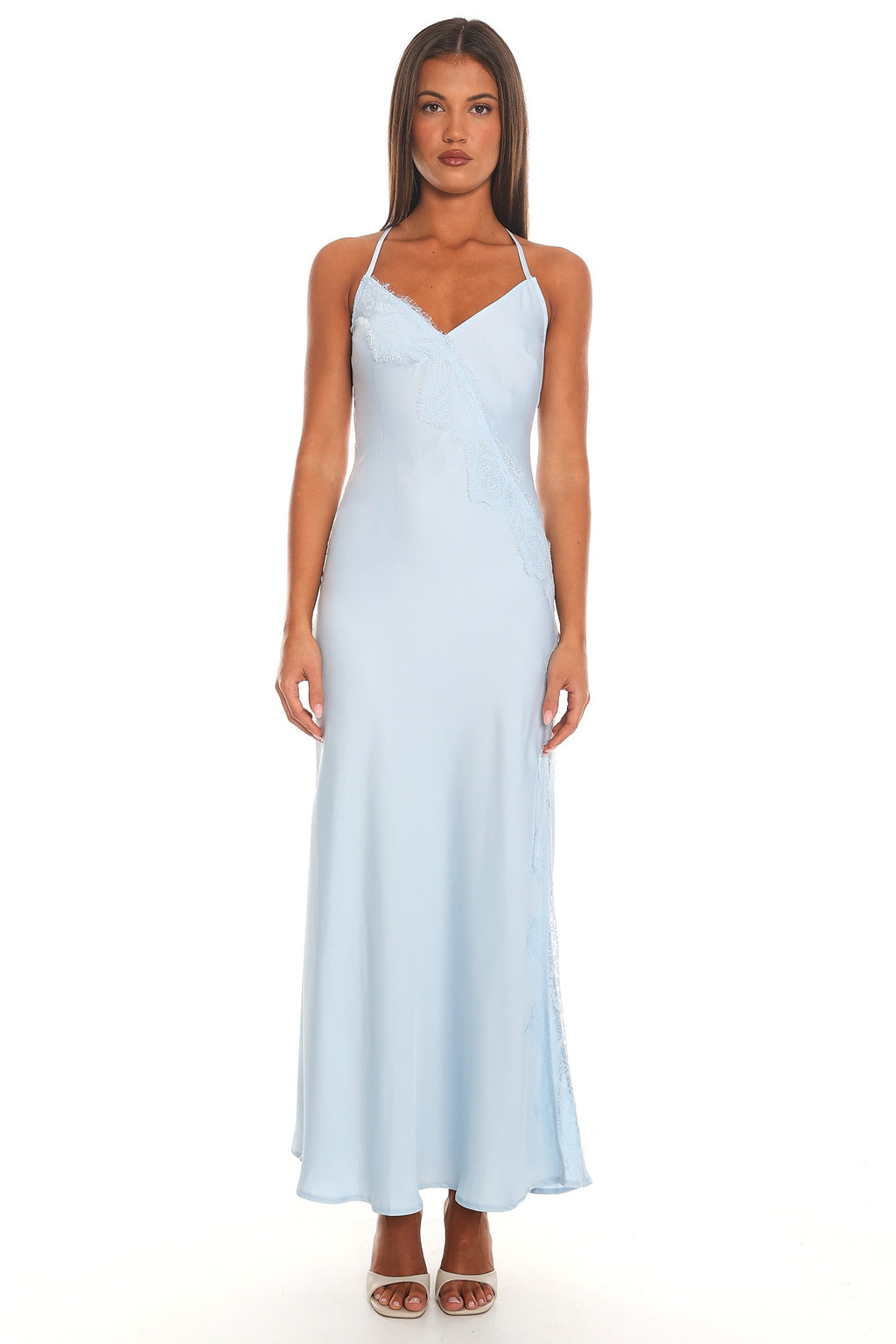 Moonlit Romance Lace Trim Slip Maxi Dress Light Blue