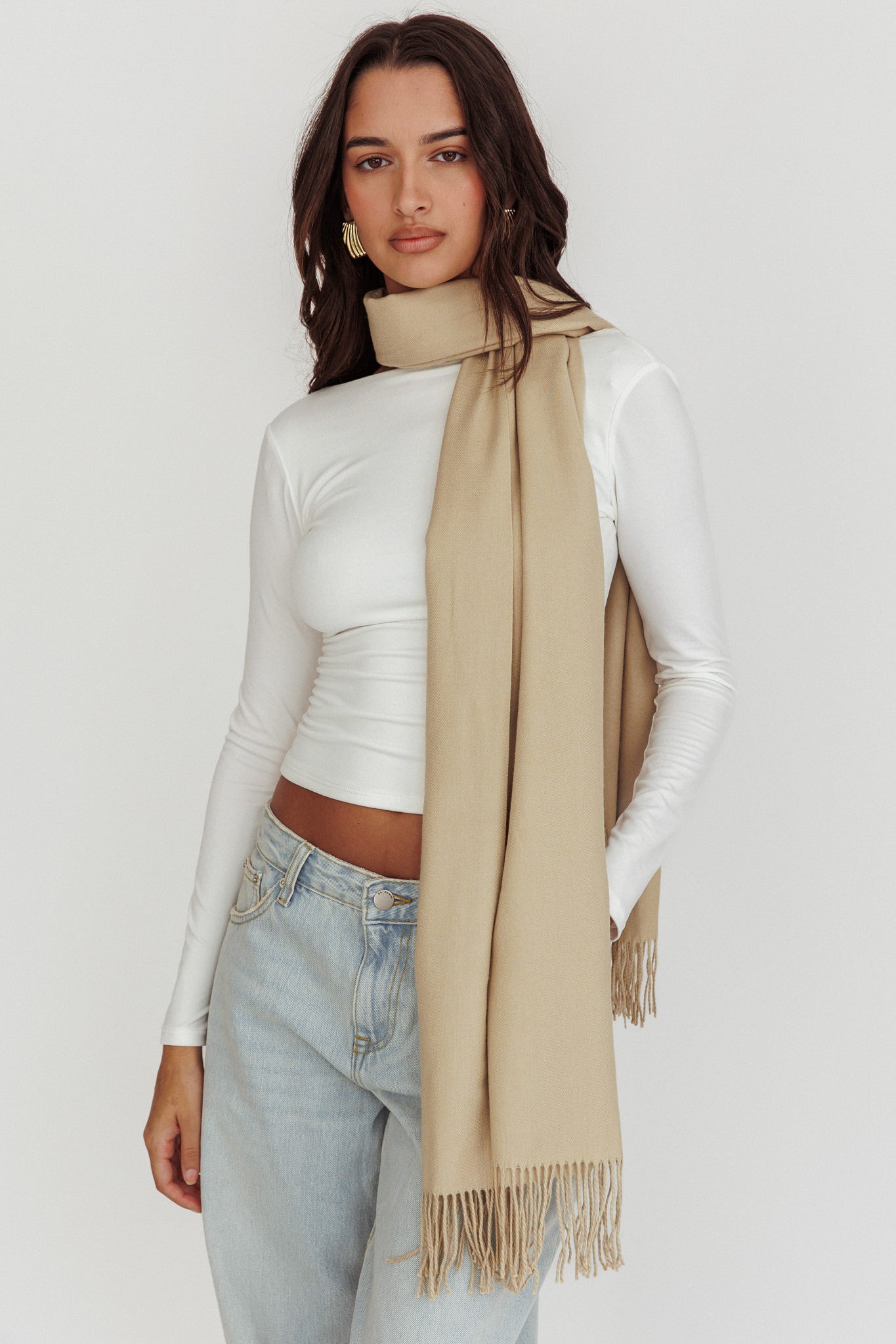 Diona Cashmere and Wool Fringed Scarf Beige by Selfie Leslie