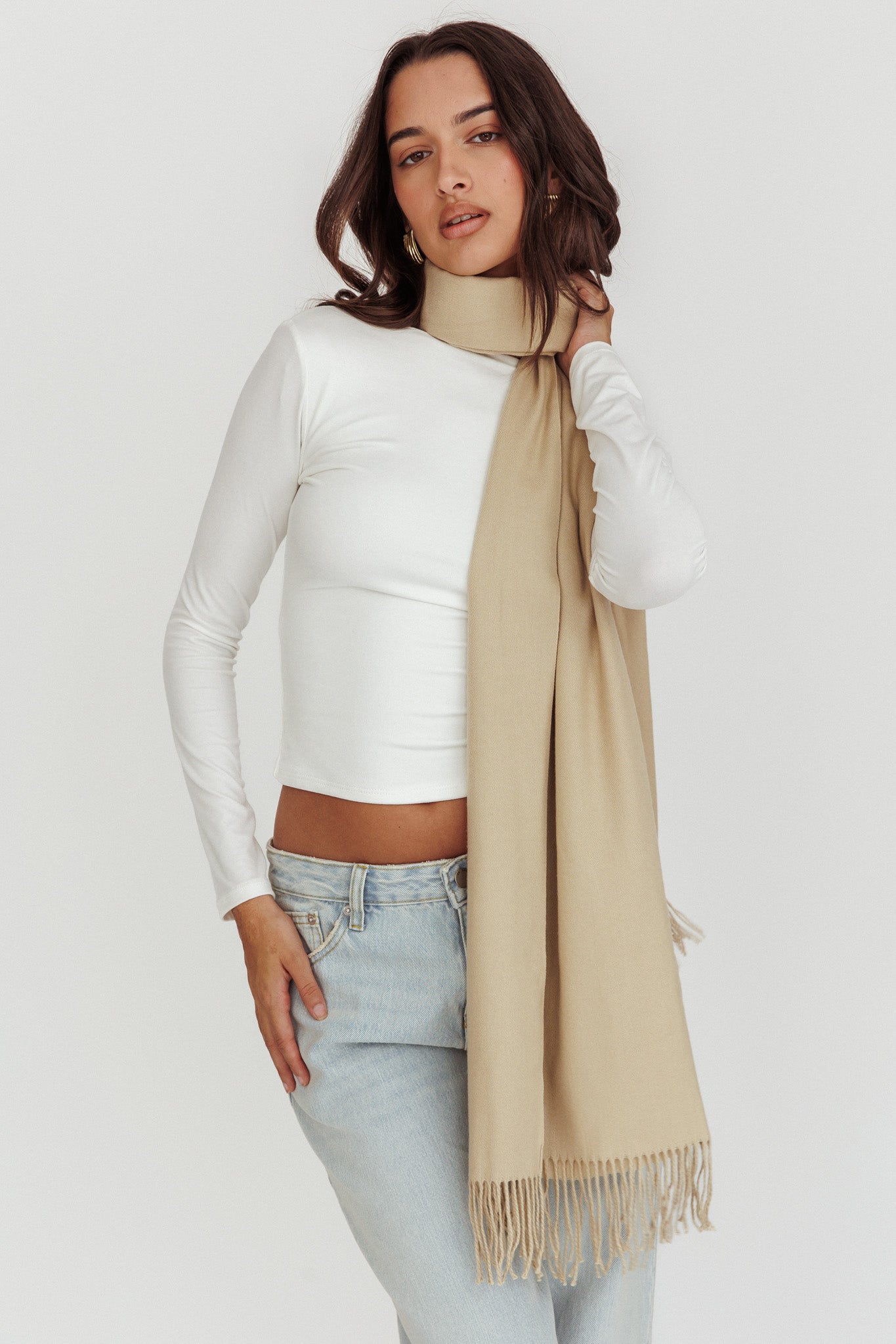 Diona Cashmere and Wool Fringed Scarf Beige by Selfie Leslie