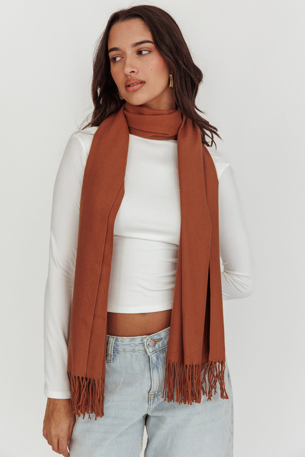 Diona Cashmere and Wool Fringed Scarf Brown by Selfie Leslie
