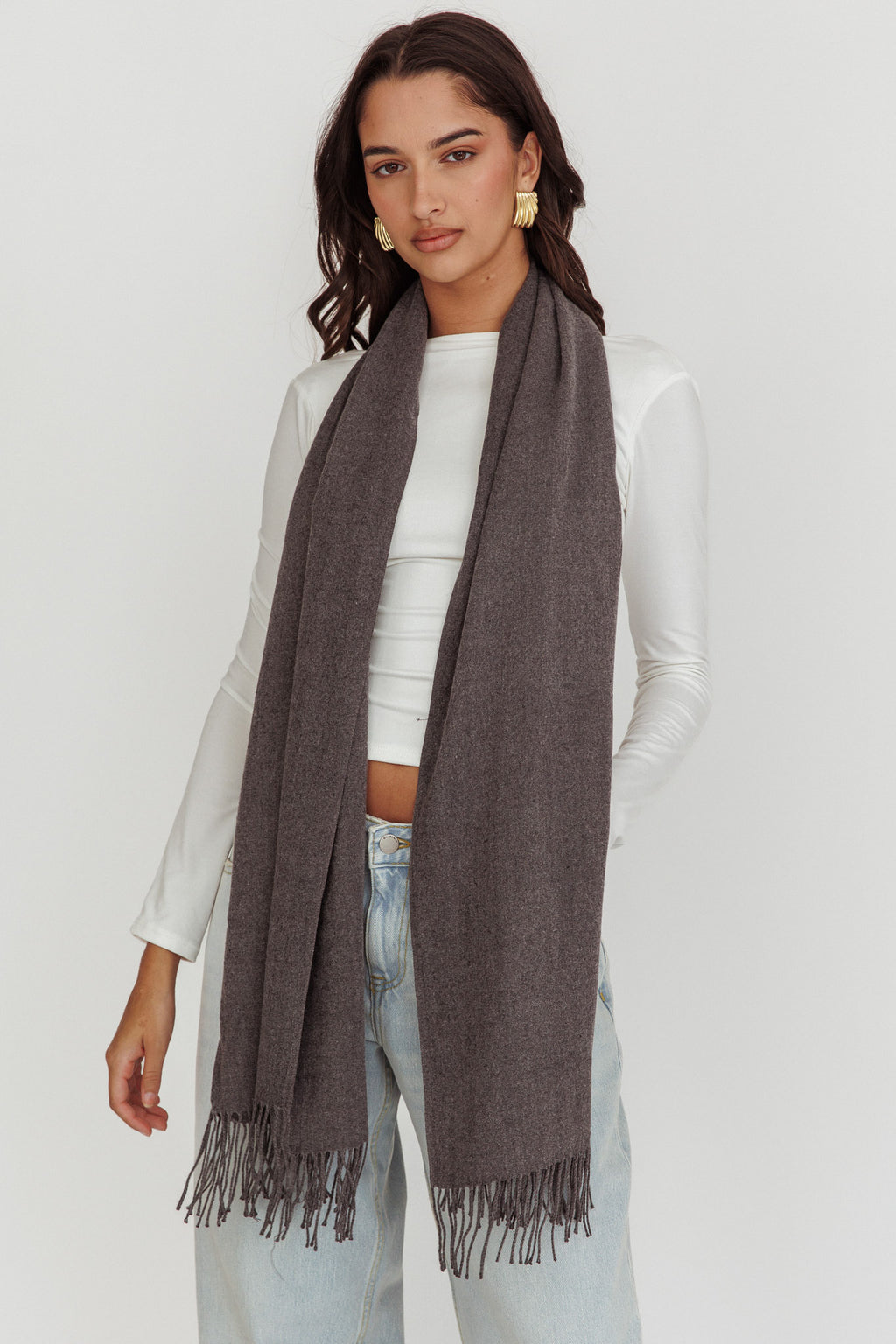 Diona Cashmere and Wool Fringed Scarf Grey by Selfie Leslie