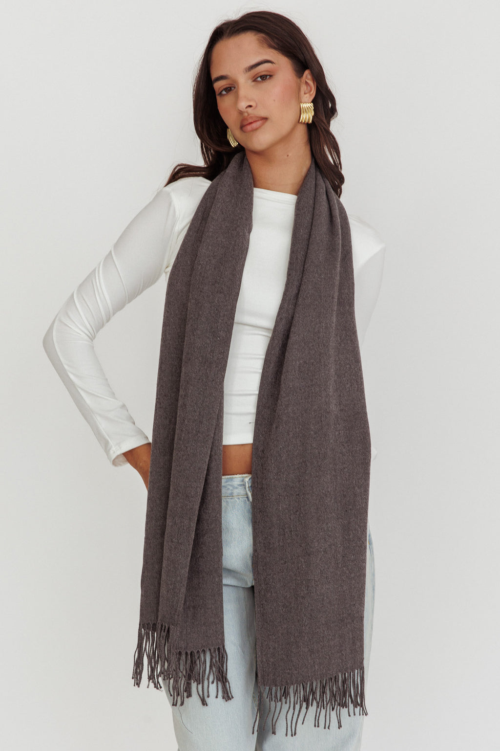 Diona Cashmere and Wool Fringed Scarf Grey by Selfie Leslie