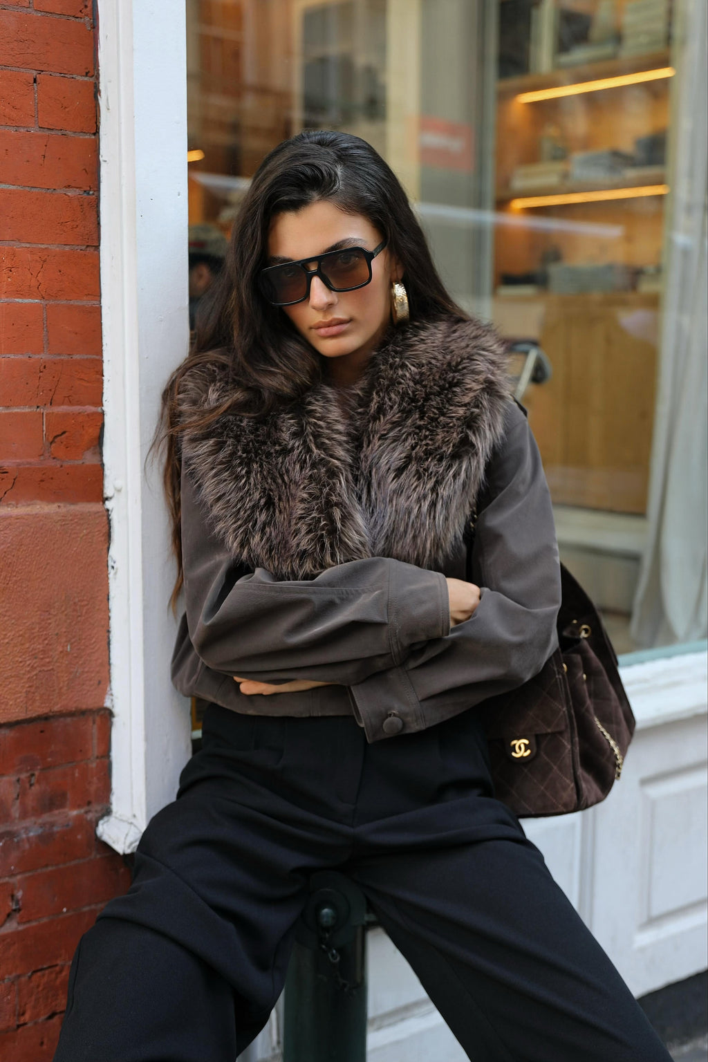 Park Avenue Faux Fur Collar Cropped Jacket Olive