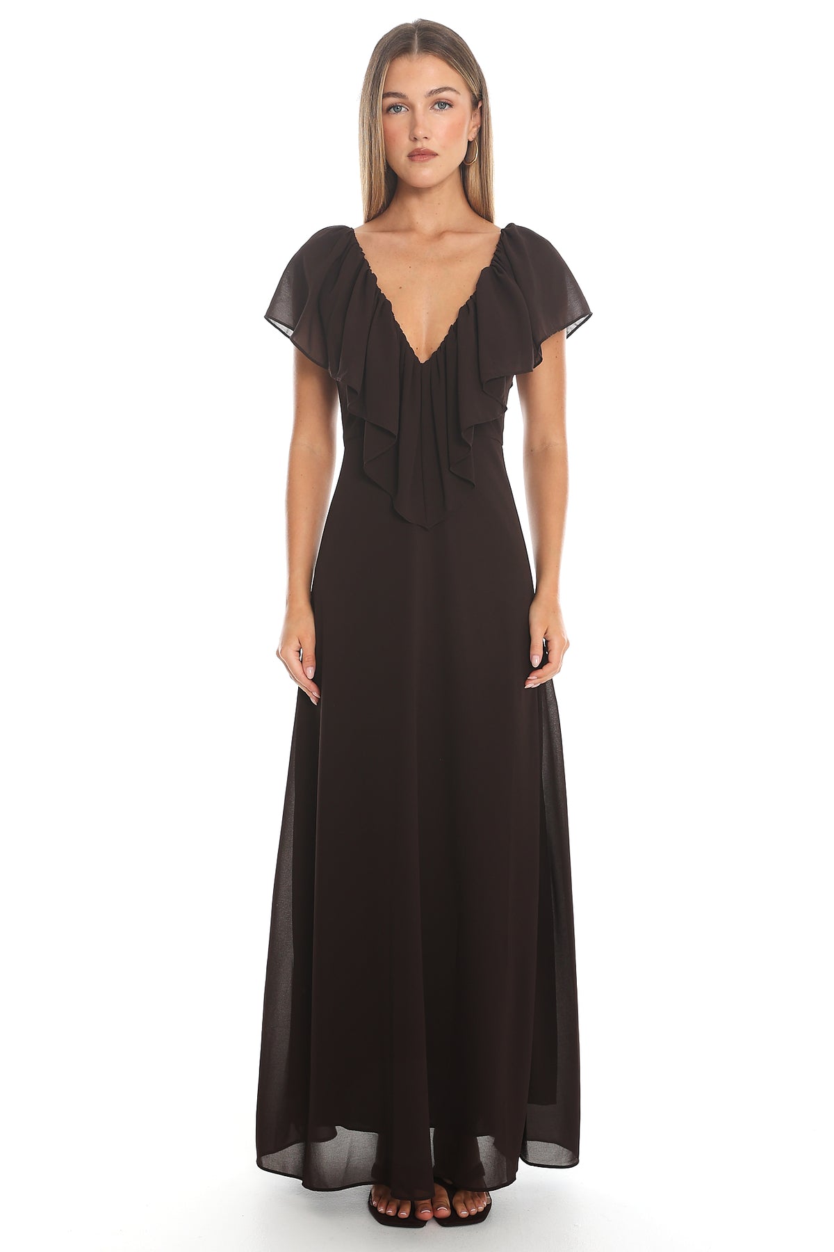 Petris Ruffle Maxi Dress Chocolate by Selfie Leslie