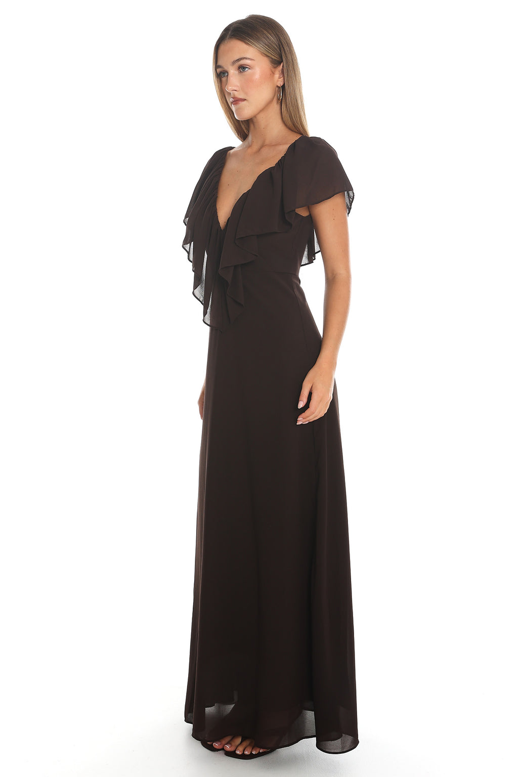 Petris Ruffle Maxi Dress Chocolate by Selfie Leslie