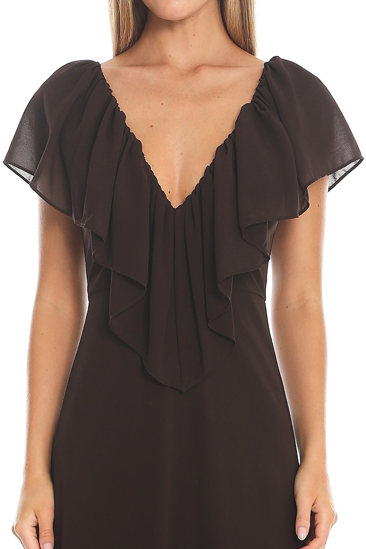 Petris Ruffle Maxi Dress Chocolate by Selfie Leslie