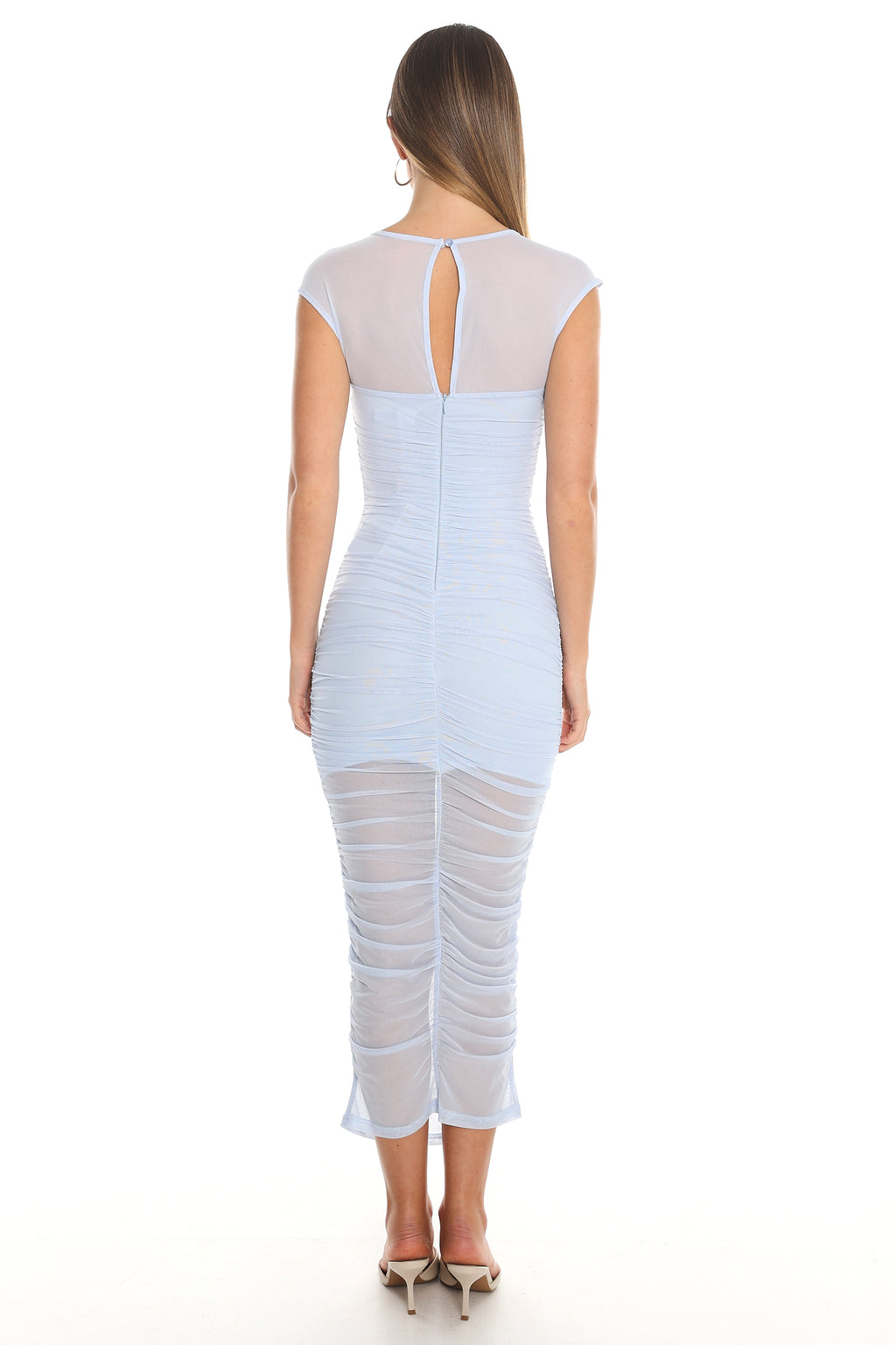 Everly Ruched Mesh Midi Dress Light Blue by Selfie Leslie