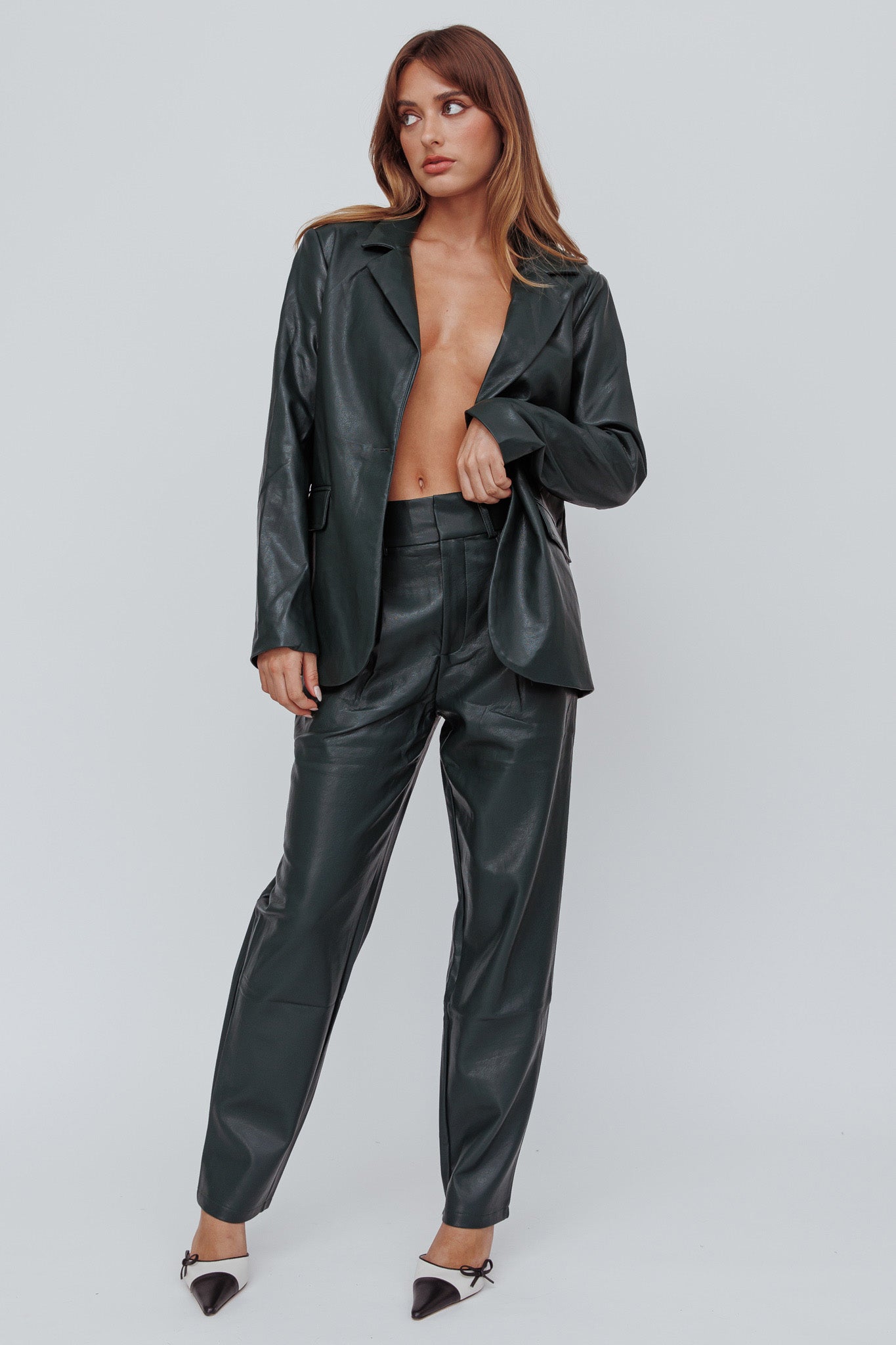 In Theory Faux Leather Pants Hunter Green by Selfie Leslie