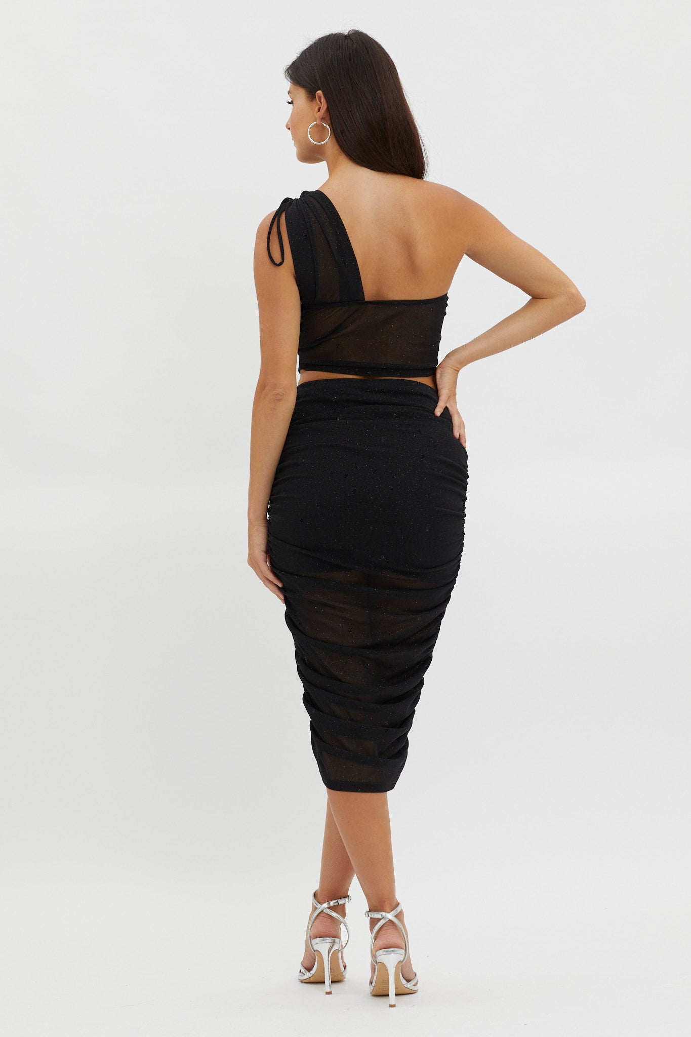 Maddisan Ruched Glitter Mesh Midi Skirt Black by Selfie Leslie