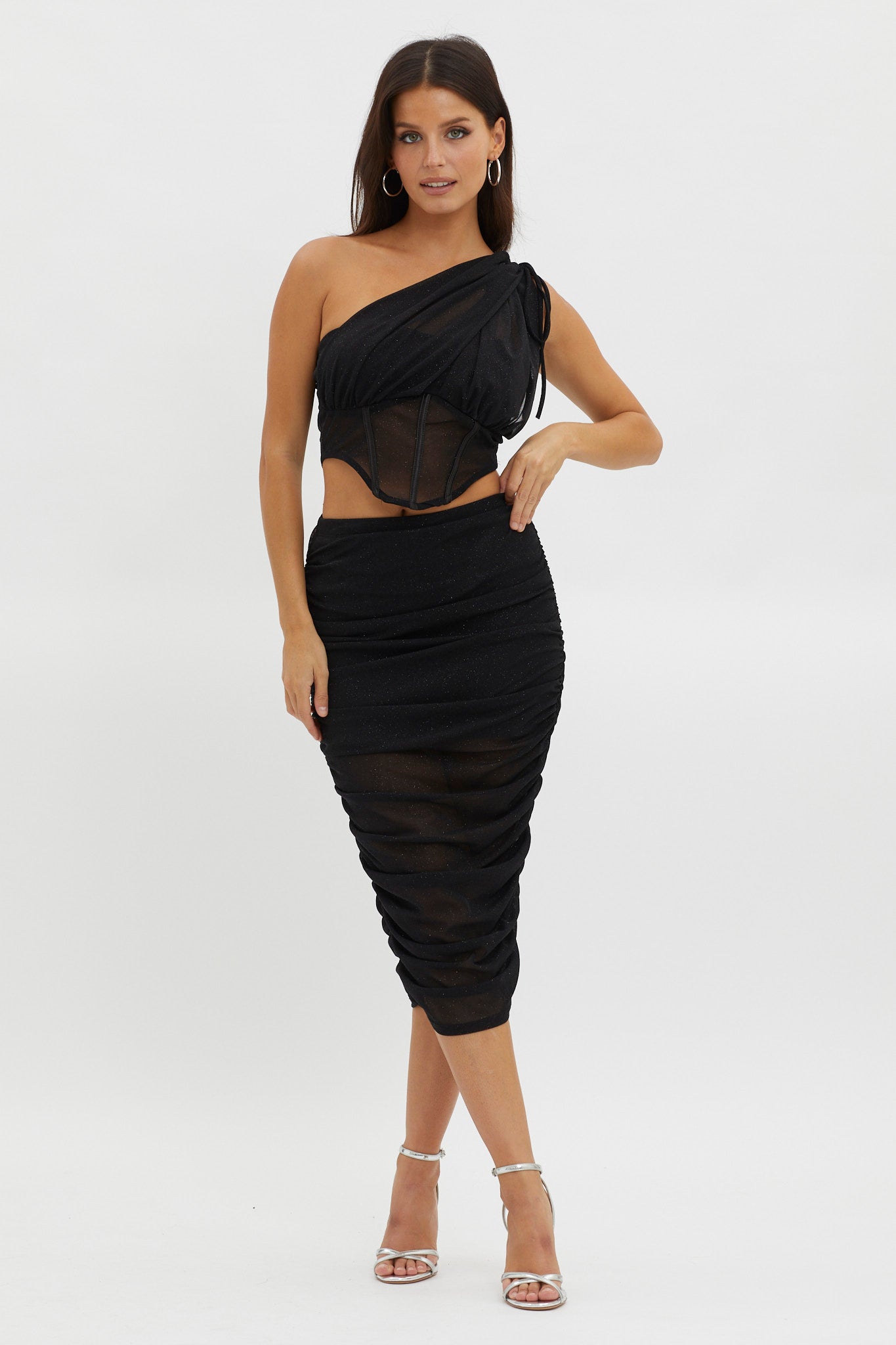 Maddisan Ruched Glitter Mesh Midi Skirt Black by Selfie Leslie