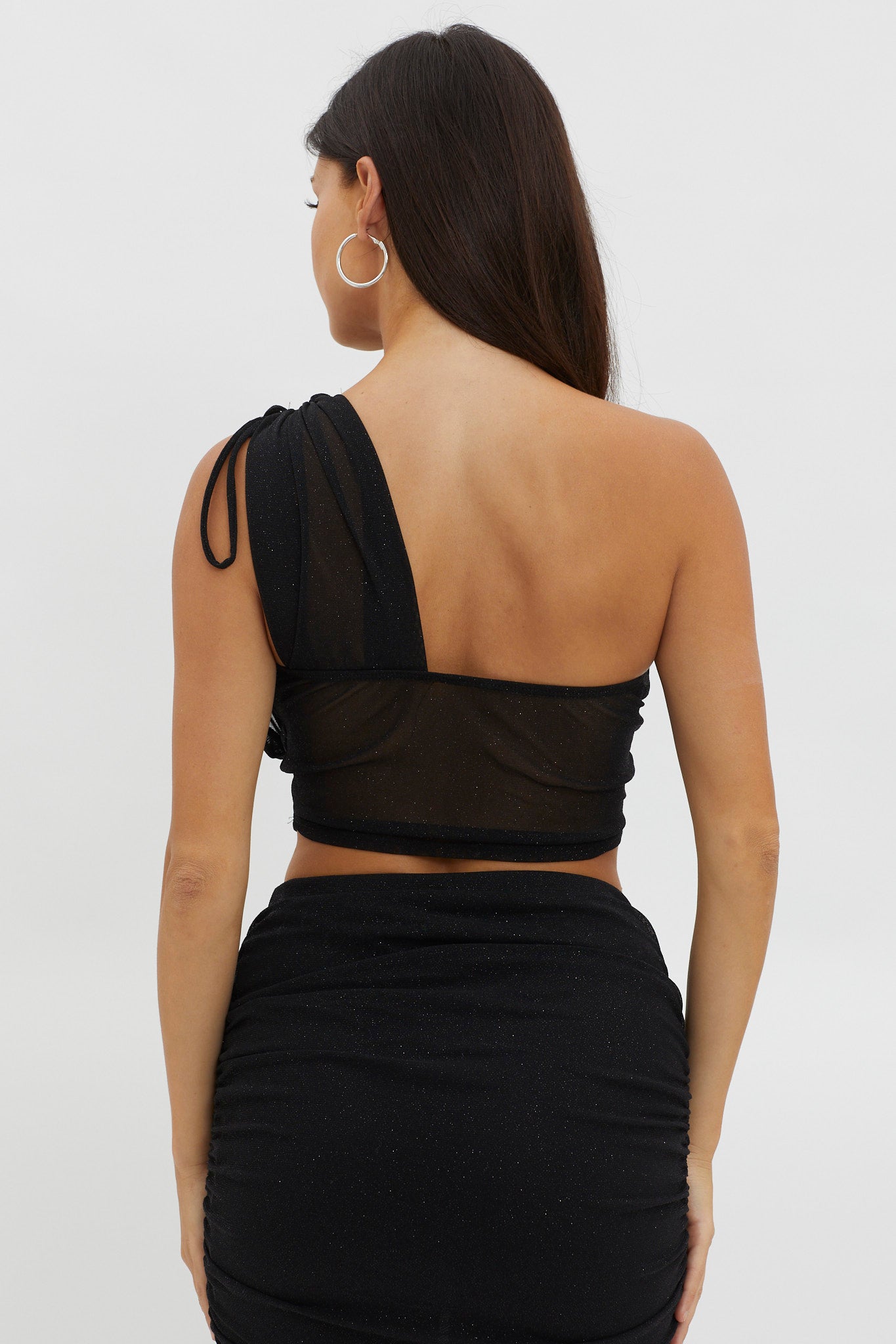 Maddisan One-Shoulder Glitter Mesh Top Black by Selfie Leslie