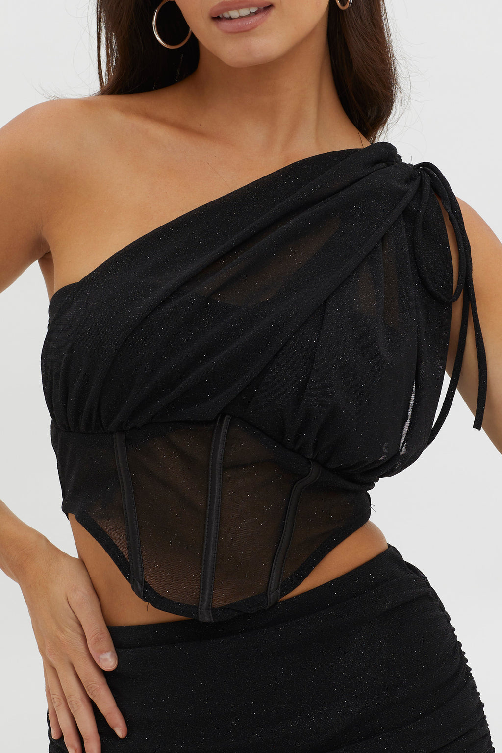 Maddisan One-Shoulder Glitter Mesh Top Black by Selfie Leslie