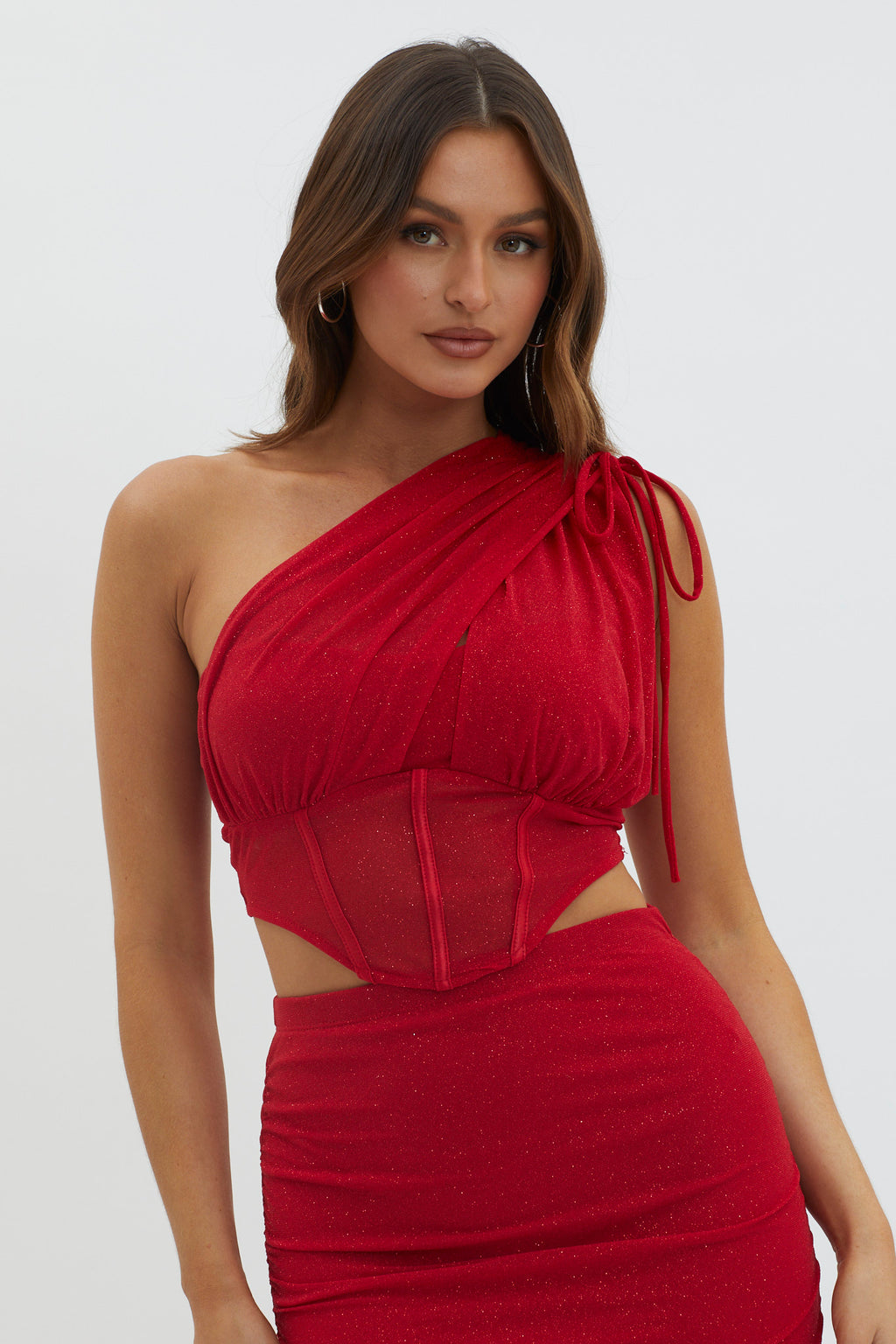 Maddisan One-Shoulder Glitter Mesh Top Red by Selfie Leslie