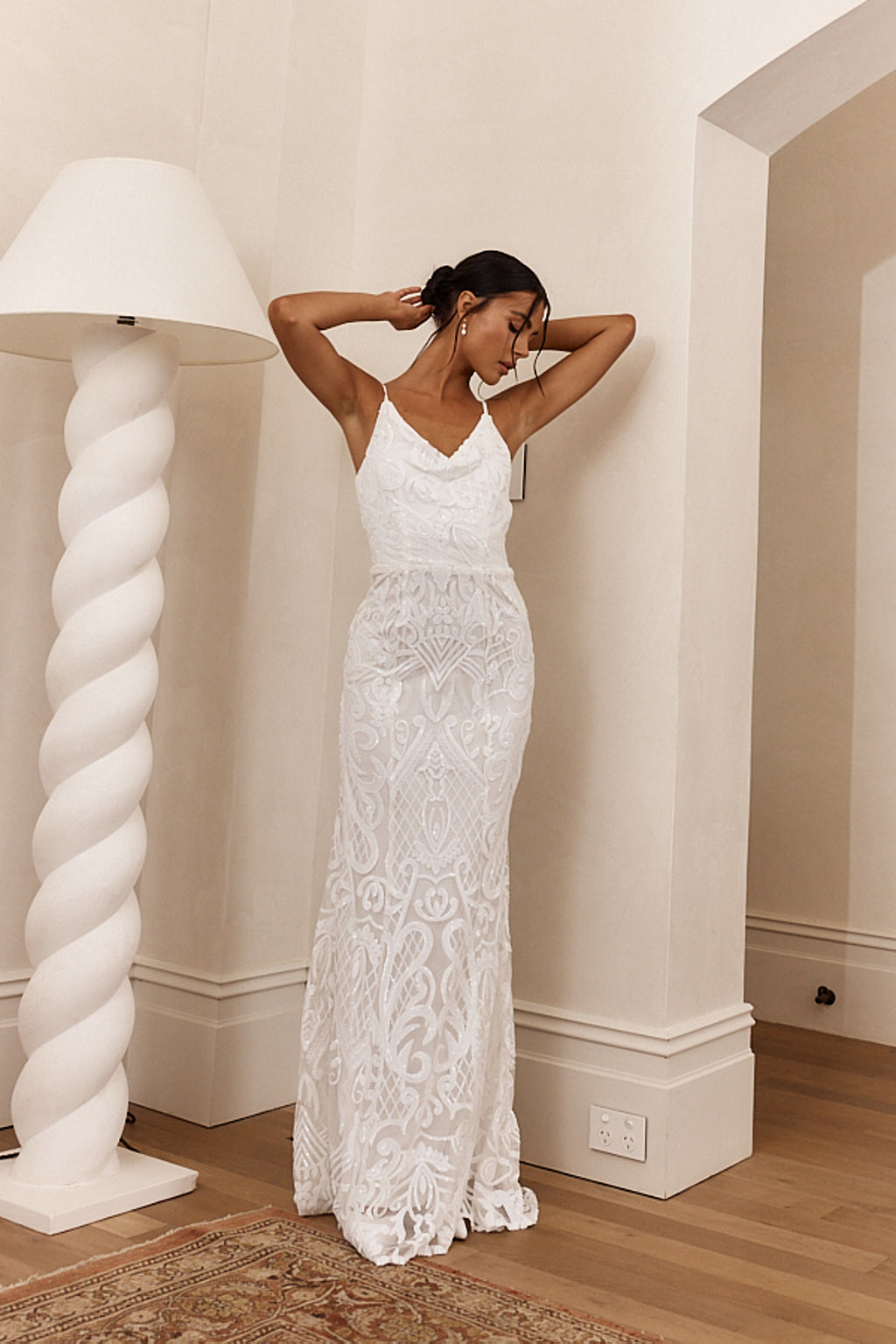 Cezanne Sequin Cowl Neck Maxi Dress White by Selfie Leslie