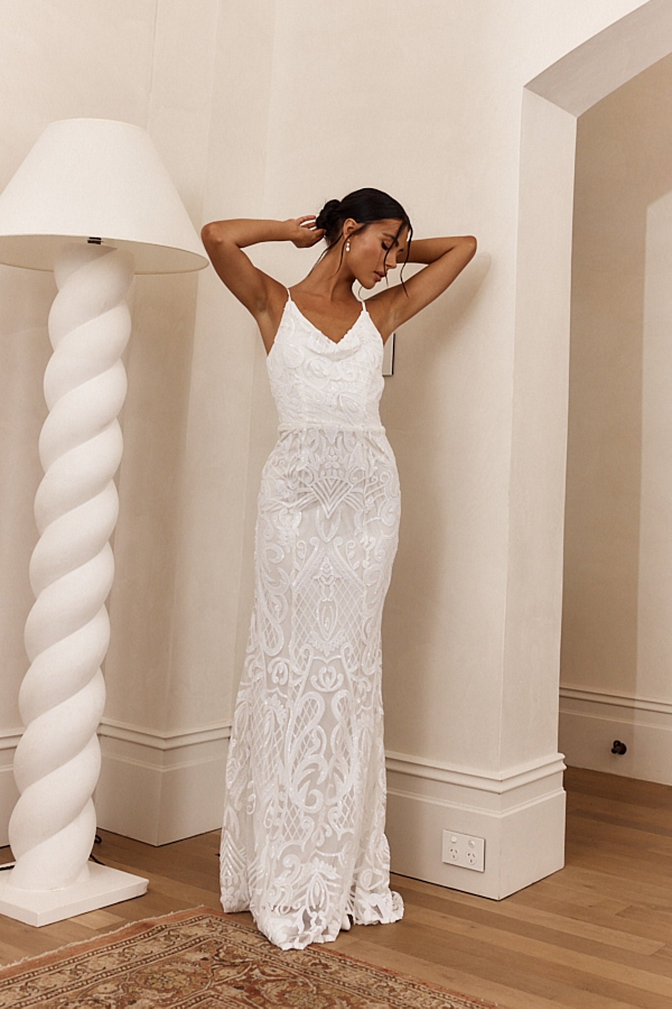 Cezanne Sequin Cowl Neck Maxi Dress White by Selfie Leslie
