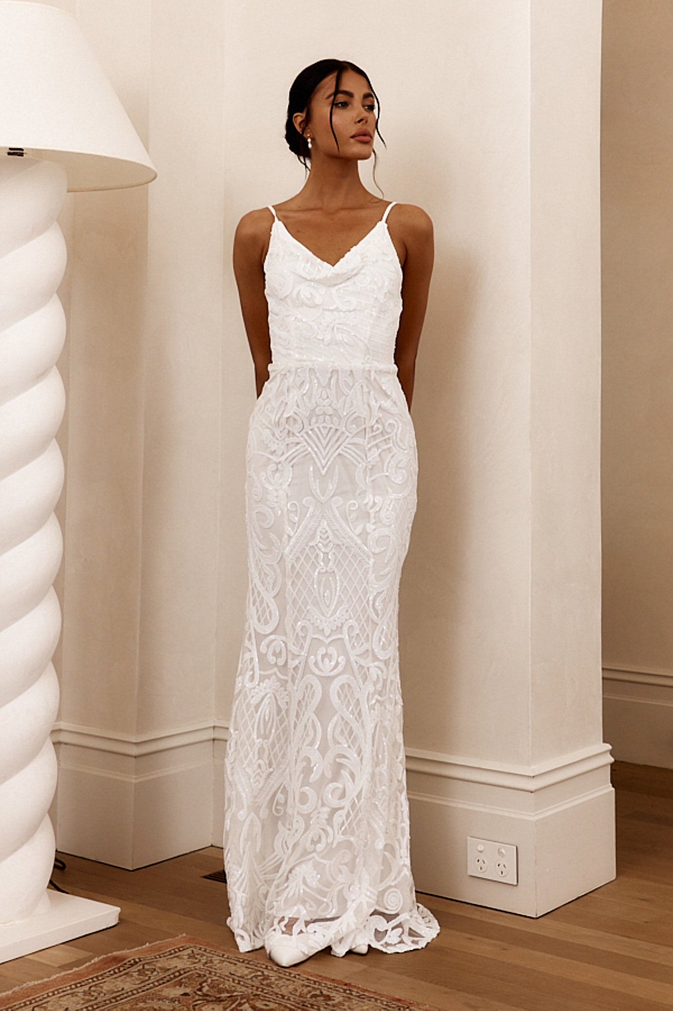 Cezanne Sequin Cowl Neck Maxi Dress White– Selfie Leslie