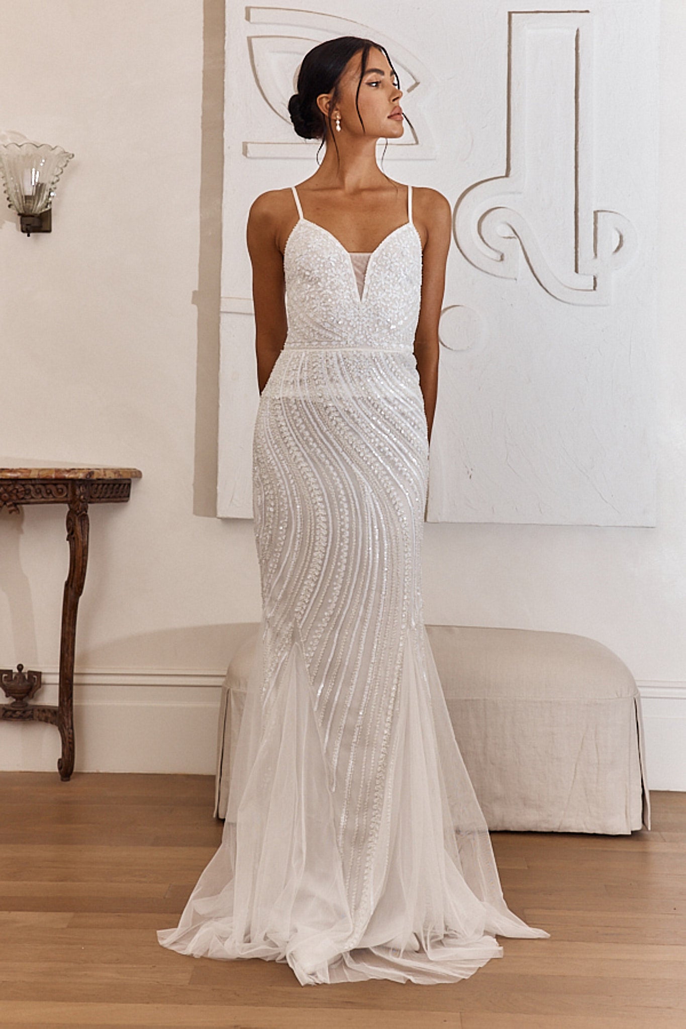 Eternal Love Sequin Godet Hem Maxi Dress White by Selfie Leslie