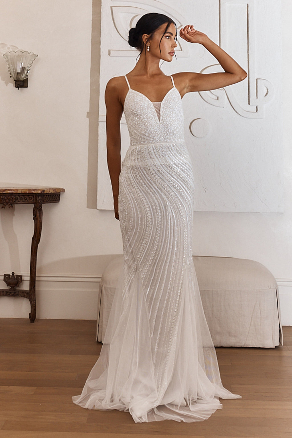 Eternal Love Sequin Godet Hem Maxi Dress White by Selfie Leslie