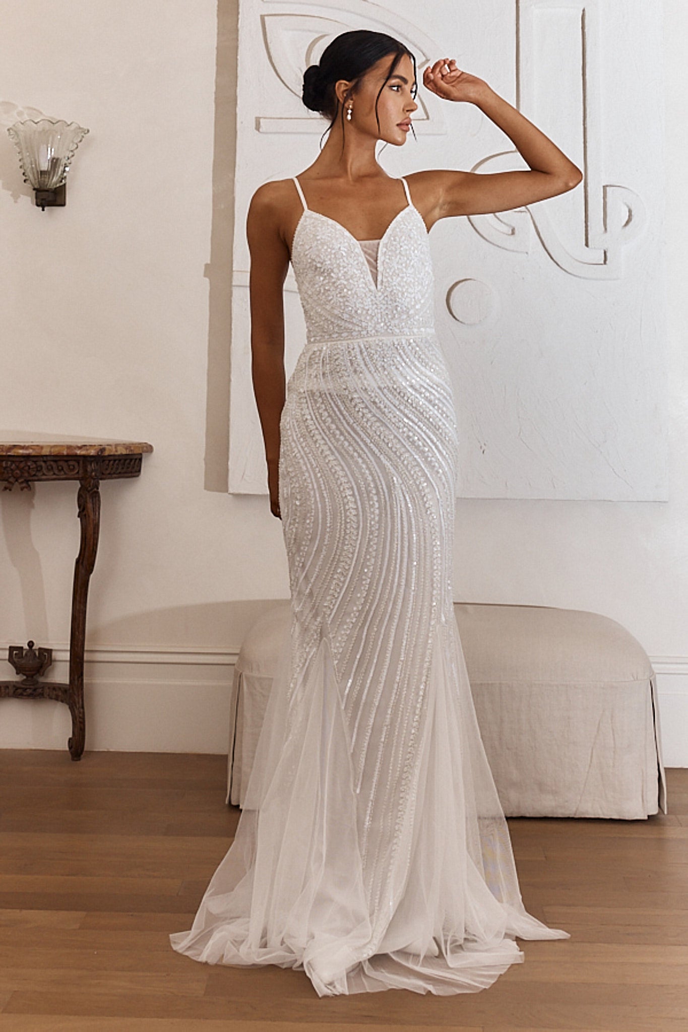 Eternal Love Sequin Godet Hem Maxi Dress White by Selfie Leslie