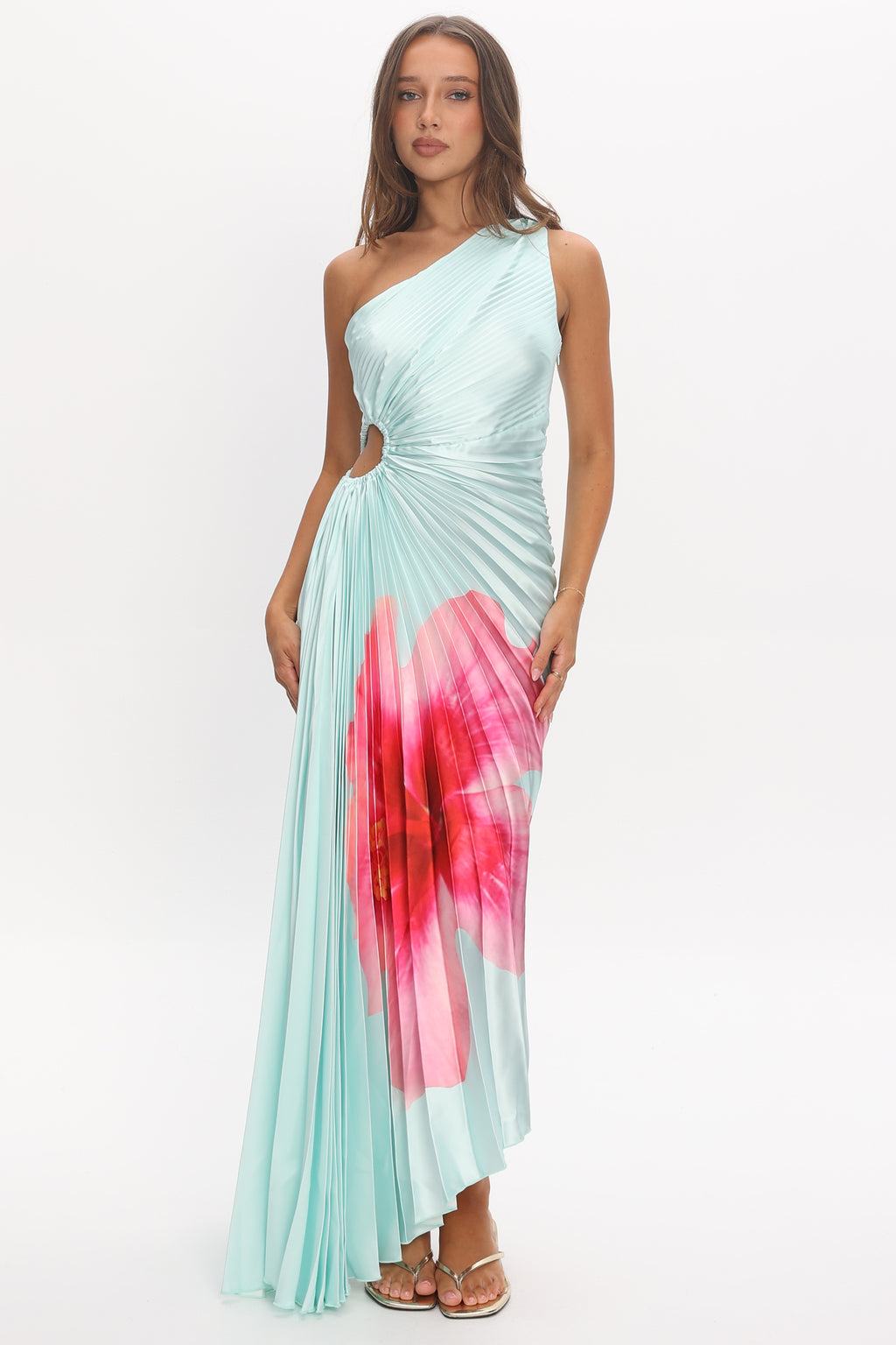 Amelie One-Shoulder Accordion Pleat Maxi Dress Hibiscus Mint