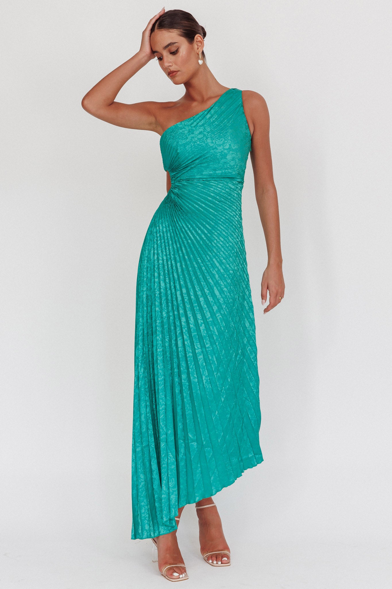 Shop the Amelie One-Shoulder Accordion Pleat Maxi Dress Kelly Green