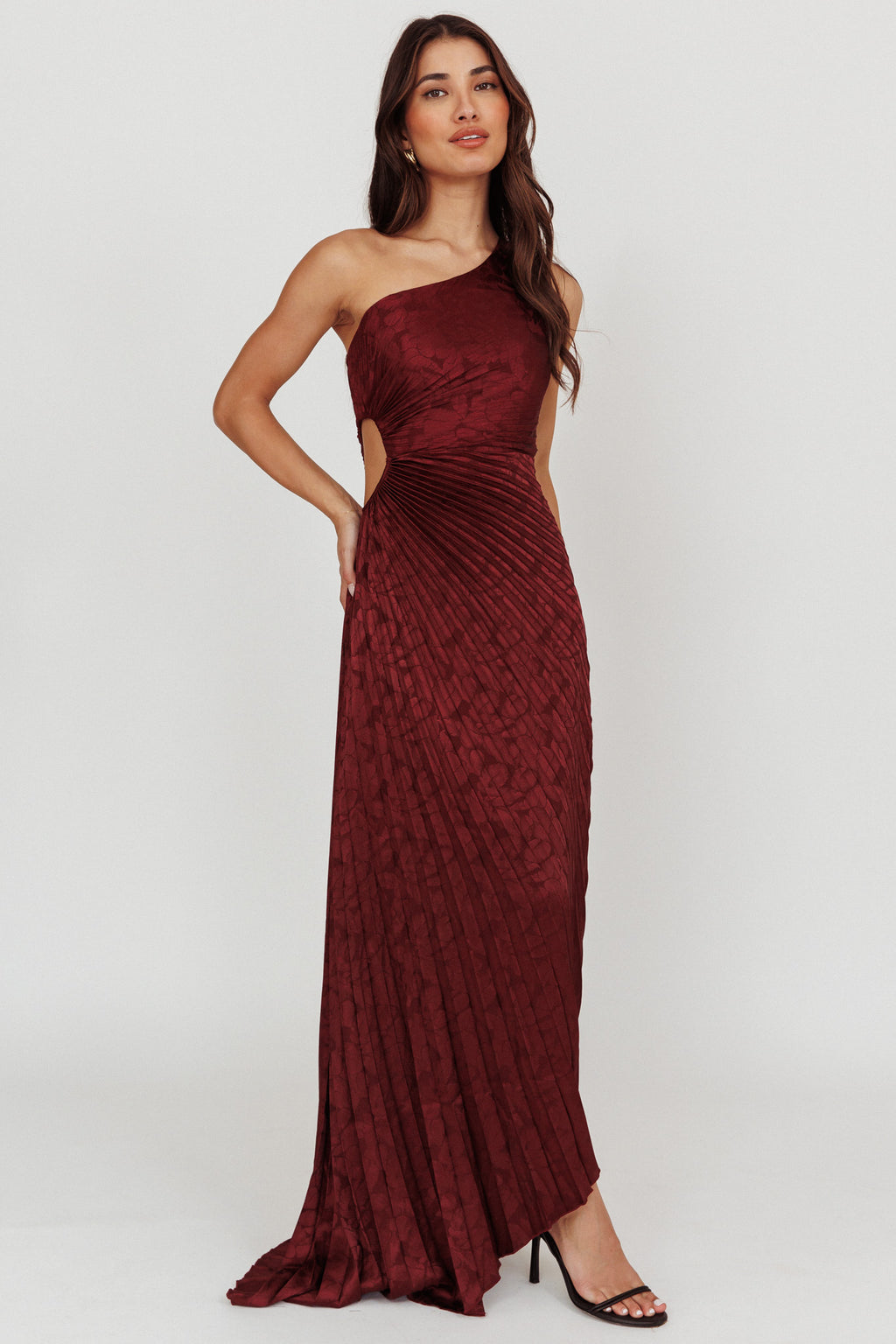 Amelie One-Shoulder Accordion Pleat Maxi Dress Merlot by Selfie Leslie