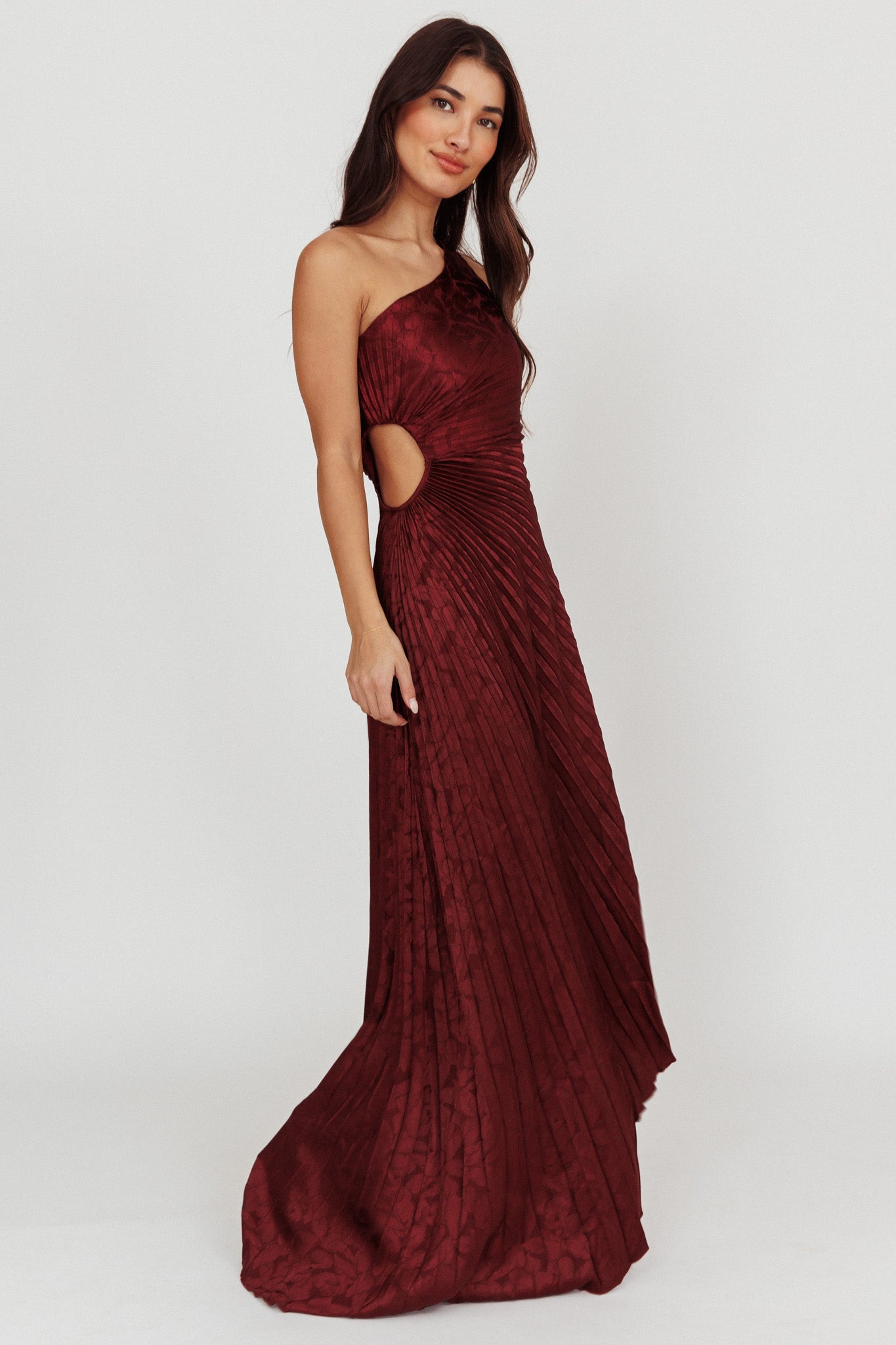 Amelie One-Shoulder Accordion Pleat Maxi Dress Merlot by Selfie Leslie