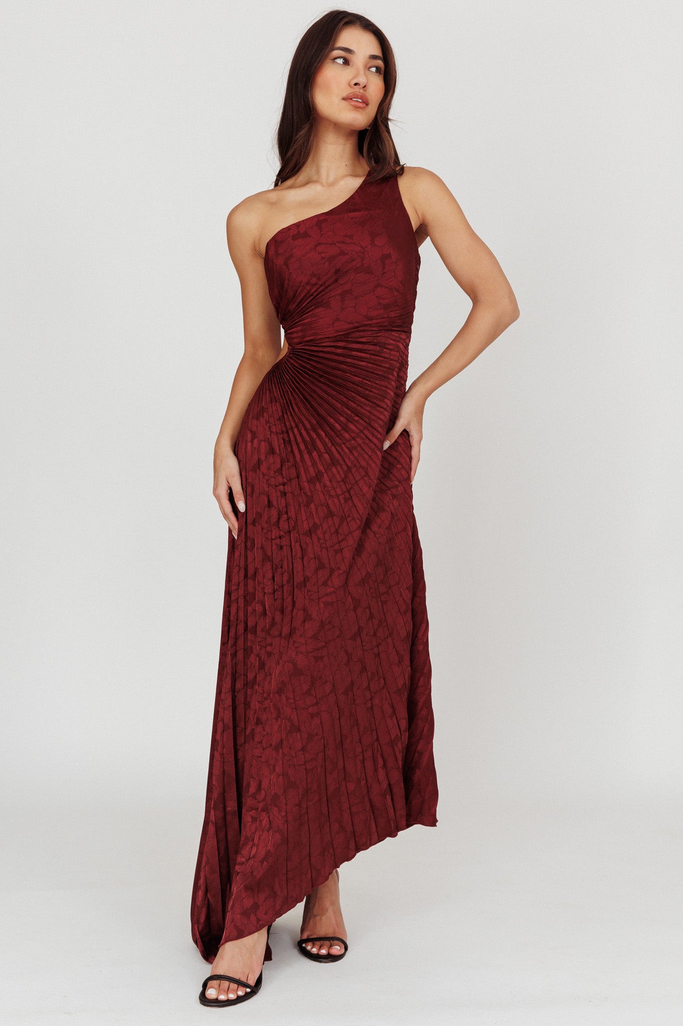 Shop the Amelie One-Shoulder Accordion Pleat Maxi Dress Merlot