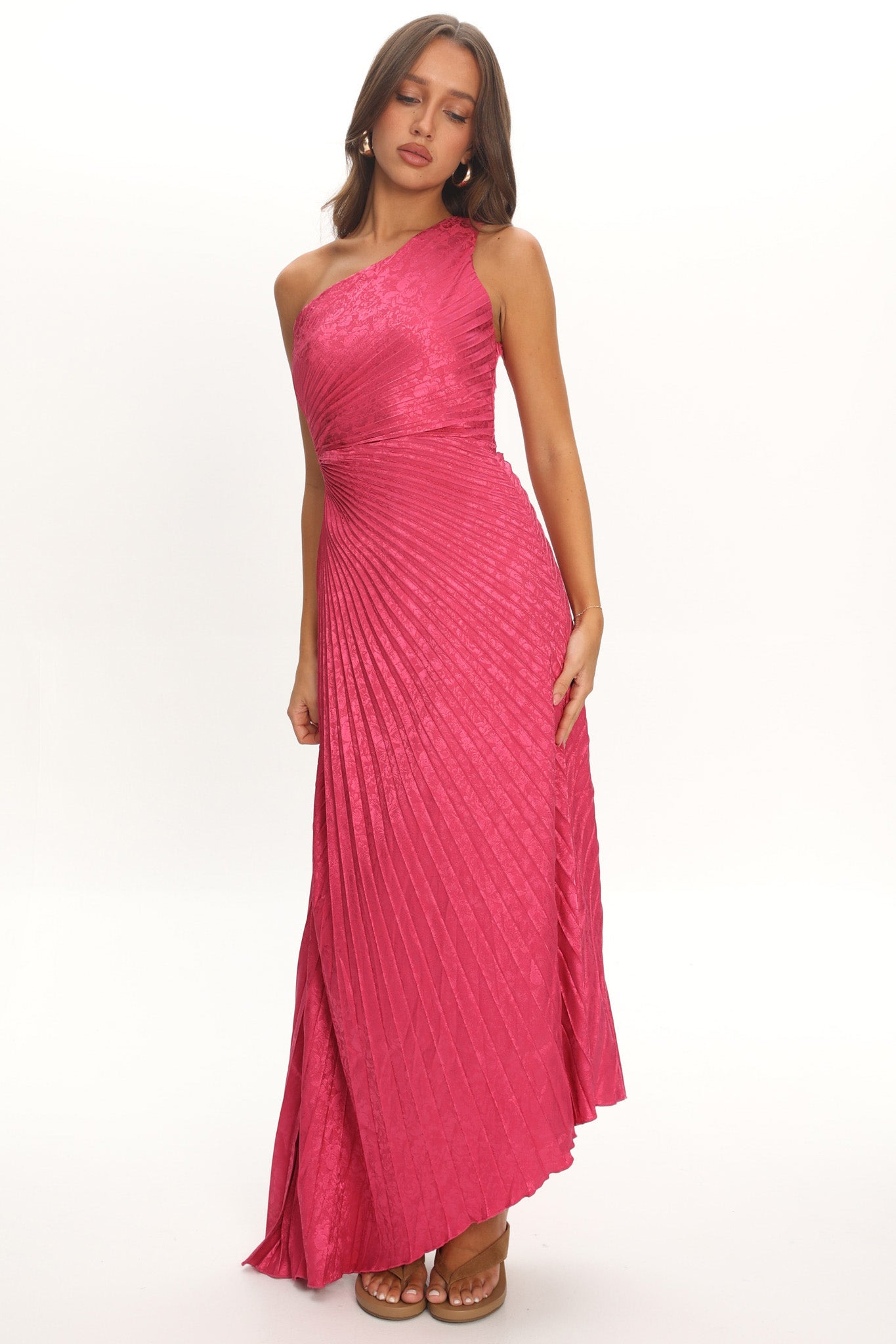 Amelie One-Shoulder Accordion Pleat Maxi Dress Floral Fuchsia