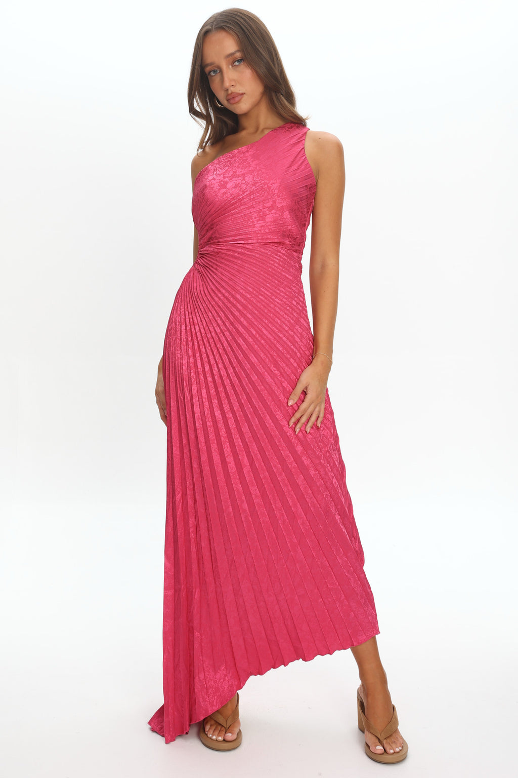 Amelie One-Shoulder Accordion Pleat Maxi Dress Floral Fuchsia