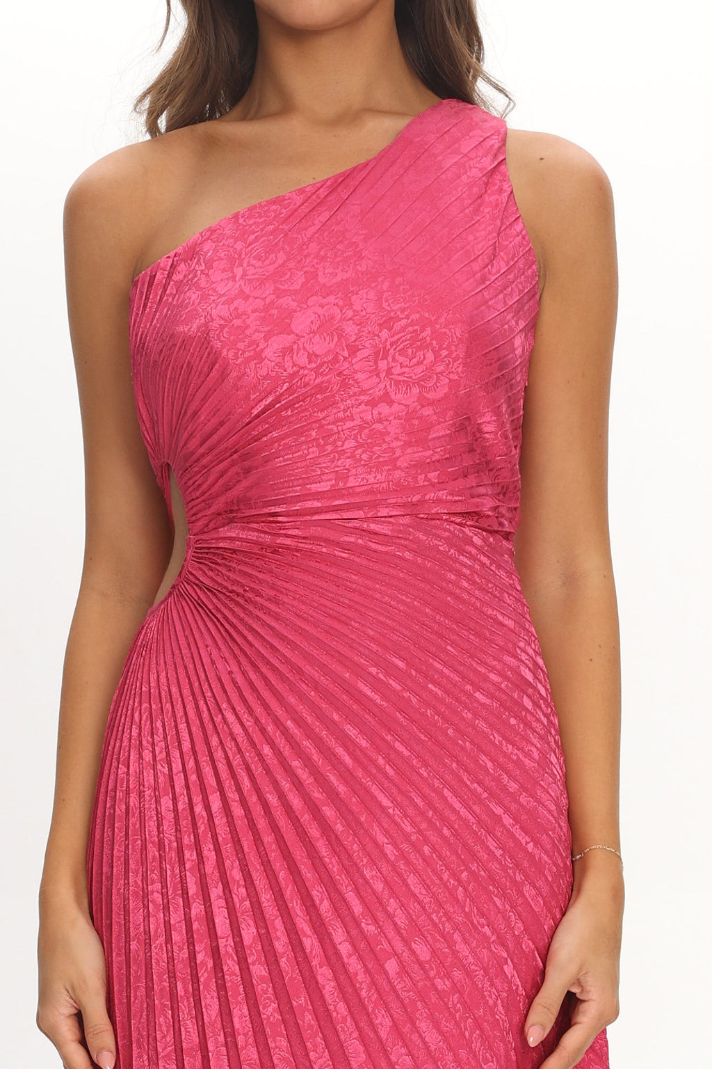 Amelie One-Shoulder Accordion Pleat Maxi Dress Floral Fuchsia