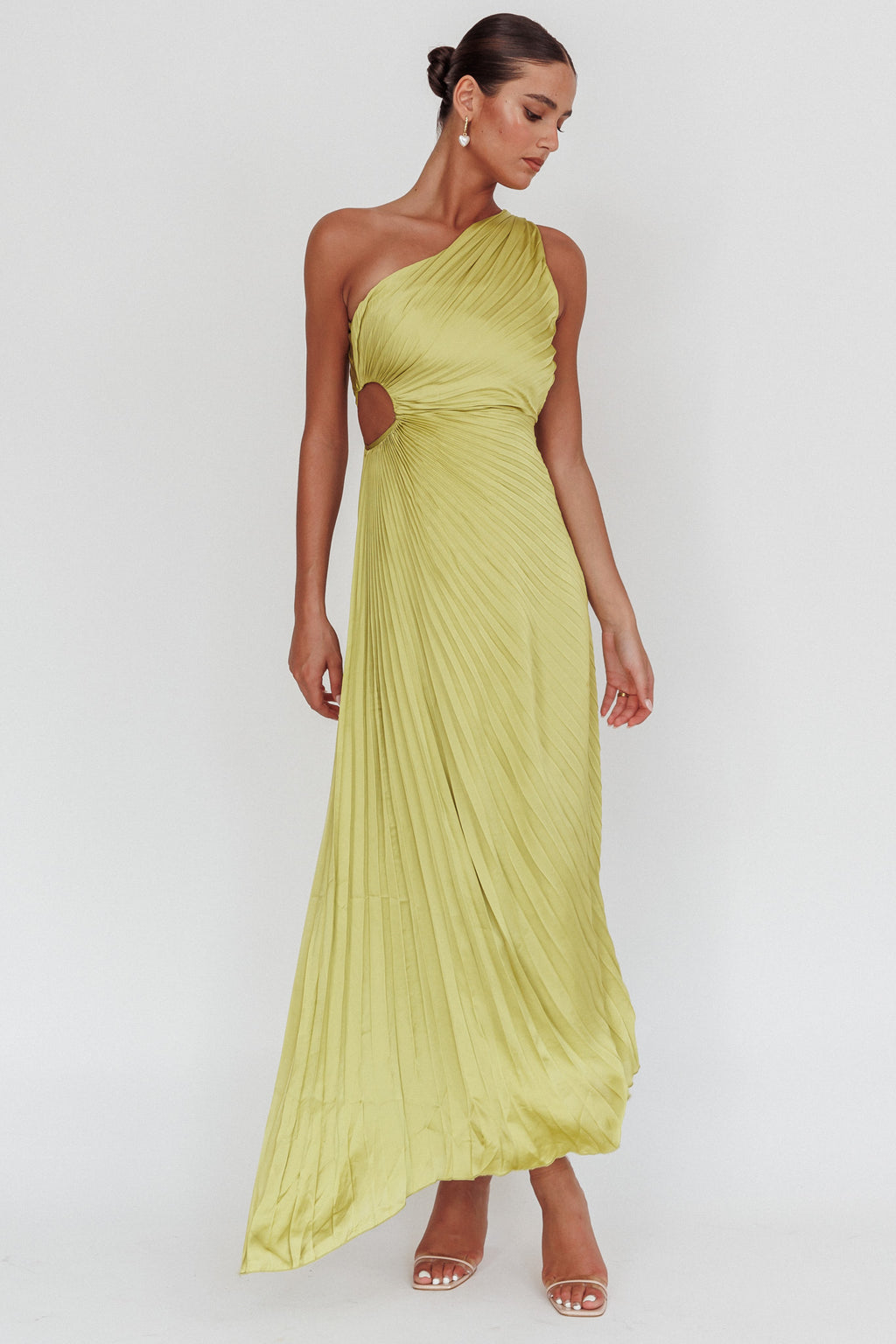 Amelie One-Shoulder Accordion Pleat Maxi Dress Lime by Selfie Leslie
