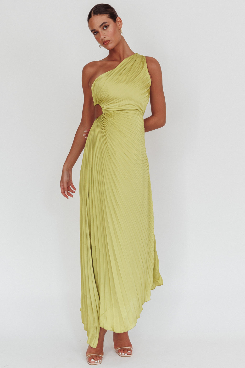 Amelie One-Shoulder Accordion Pleat Maxi Dress Lime by Selfie Leslie