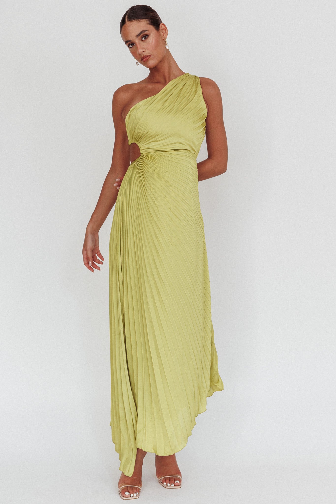 Amelie One-Shoulder Accordion Pleat Maxi Dress Lime by Selfie Leslie
