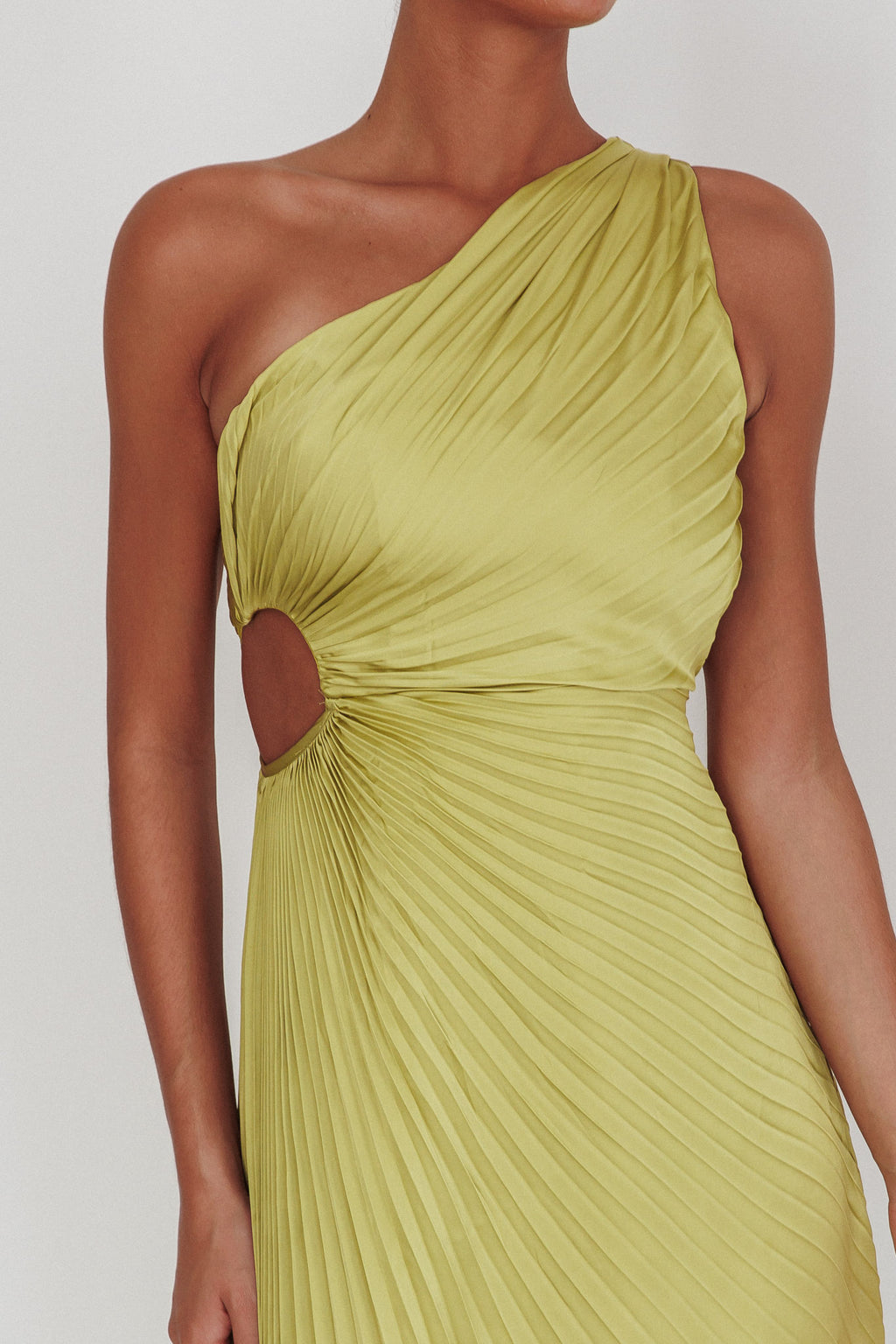 Amelie One-Shoulder Accordion Pleat Maxi Dress Lime by Selfie Leslie
