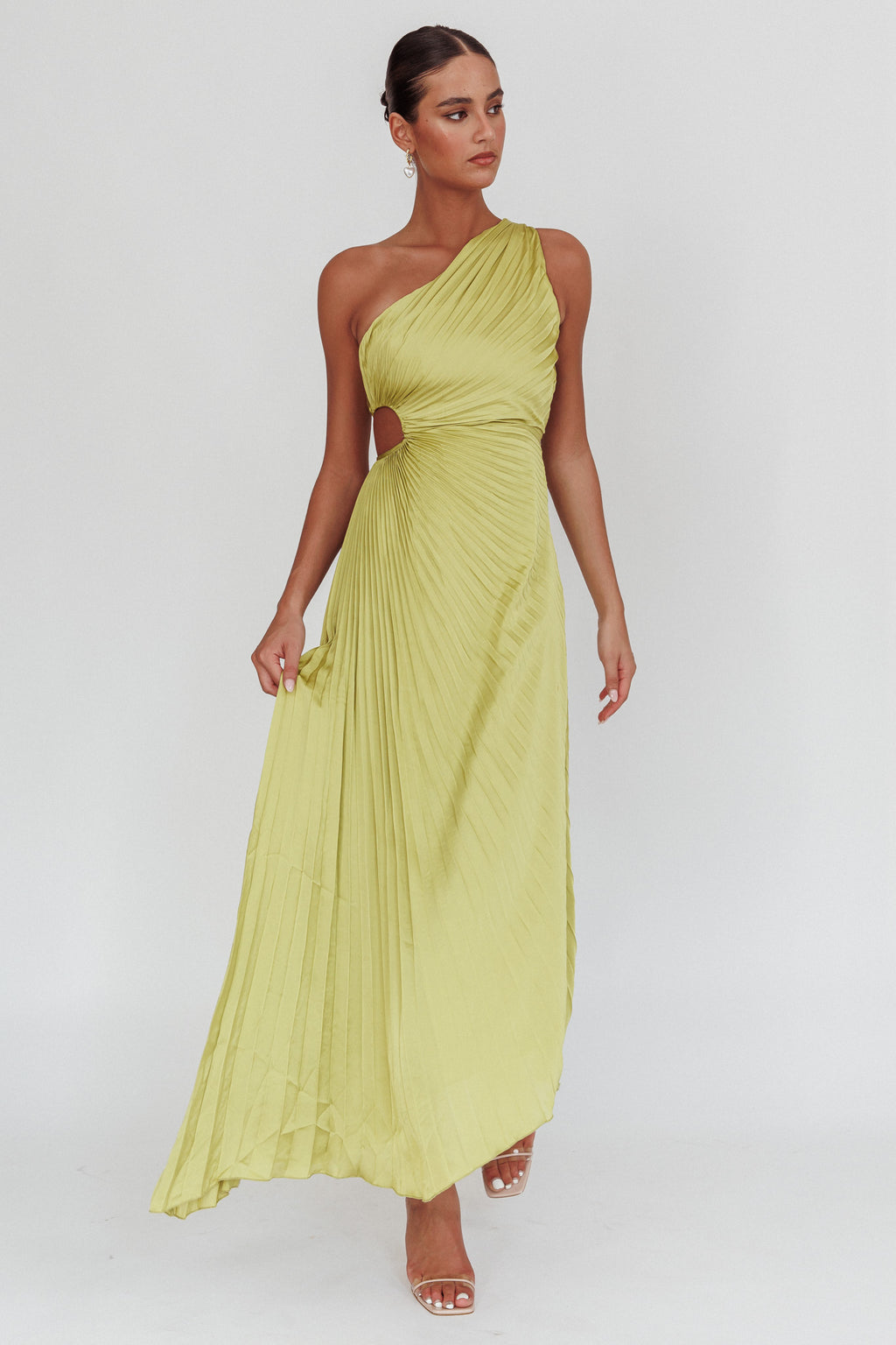 Amelie One-Shoulder Accordion Pleat Maxi Dress Lime by Selfie Leslie