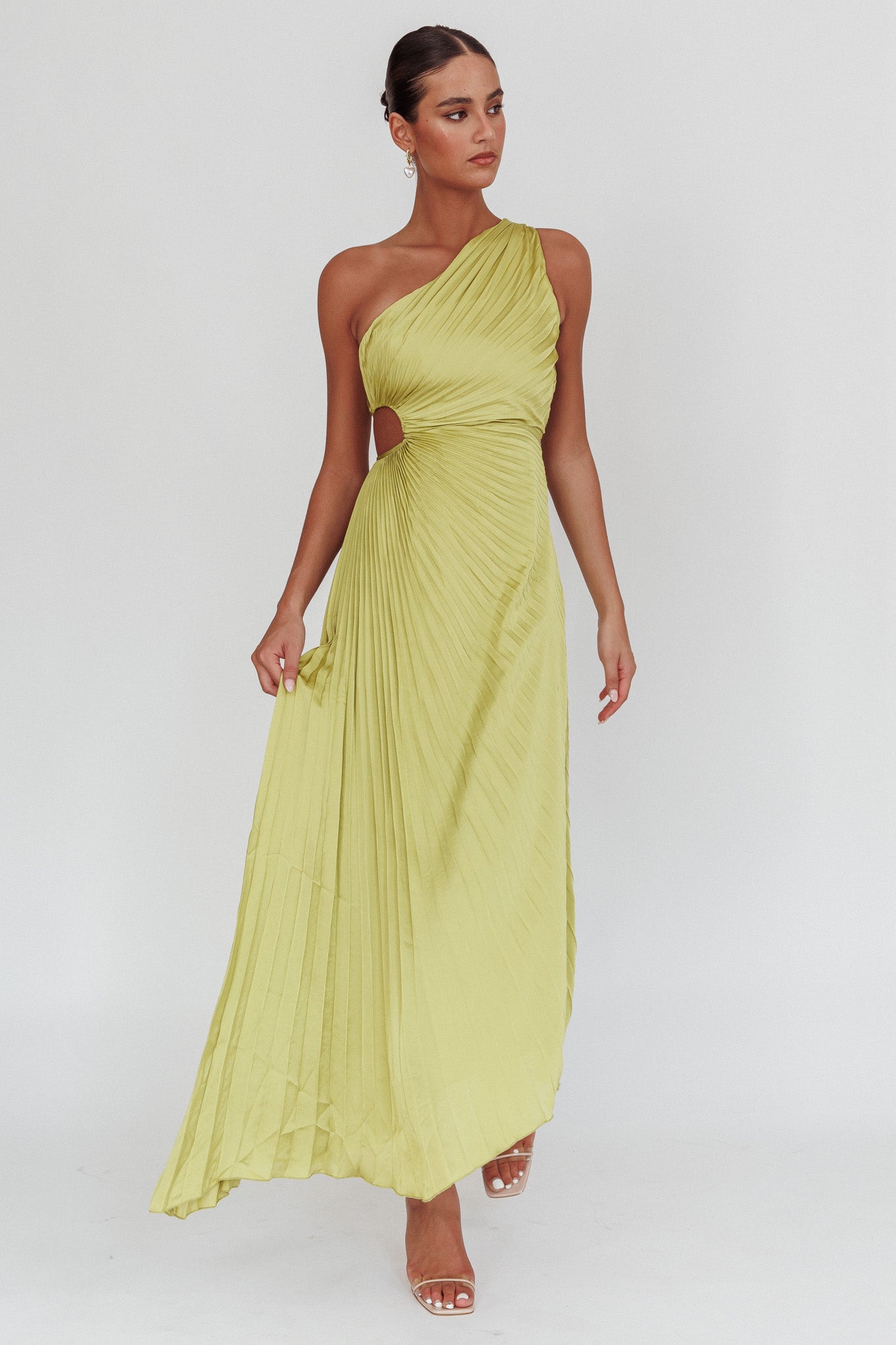 Amelie One-Shoulder Accordion Pleat Maxi Dress Lime by Selfie Leslie
