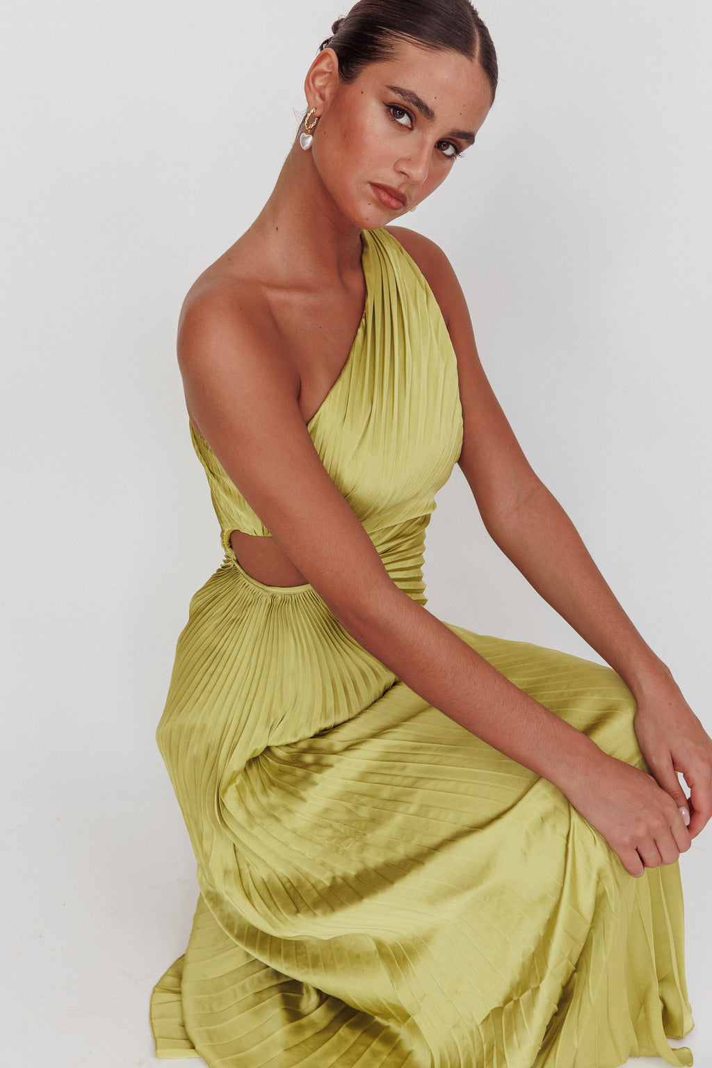 Amelie One-Shoulder Accordion Pleat Maxi Dress Lime by Selfie Leslie