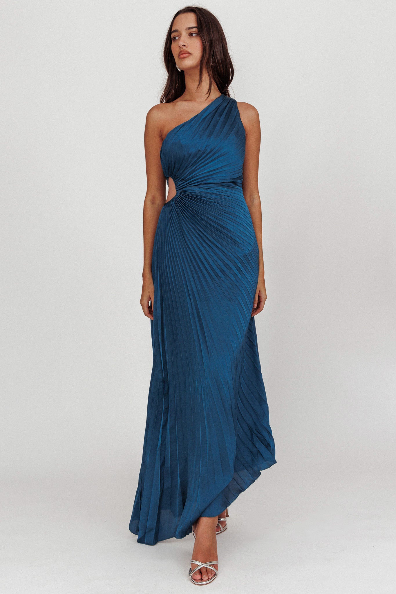 Amelie One-Shoulder Accordion Pleat Maxi Dress Teal | Selfie Leslie