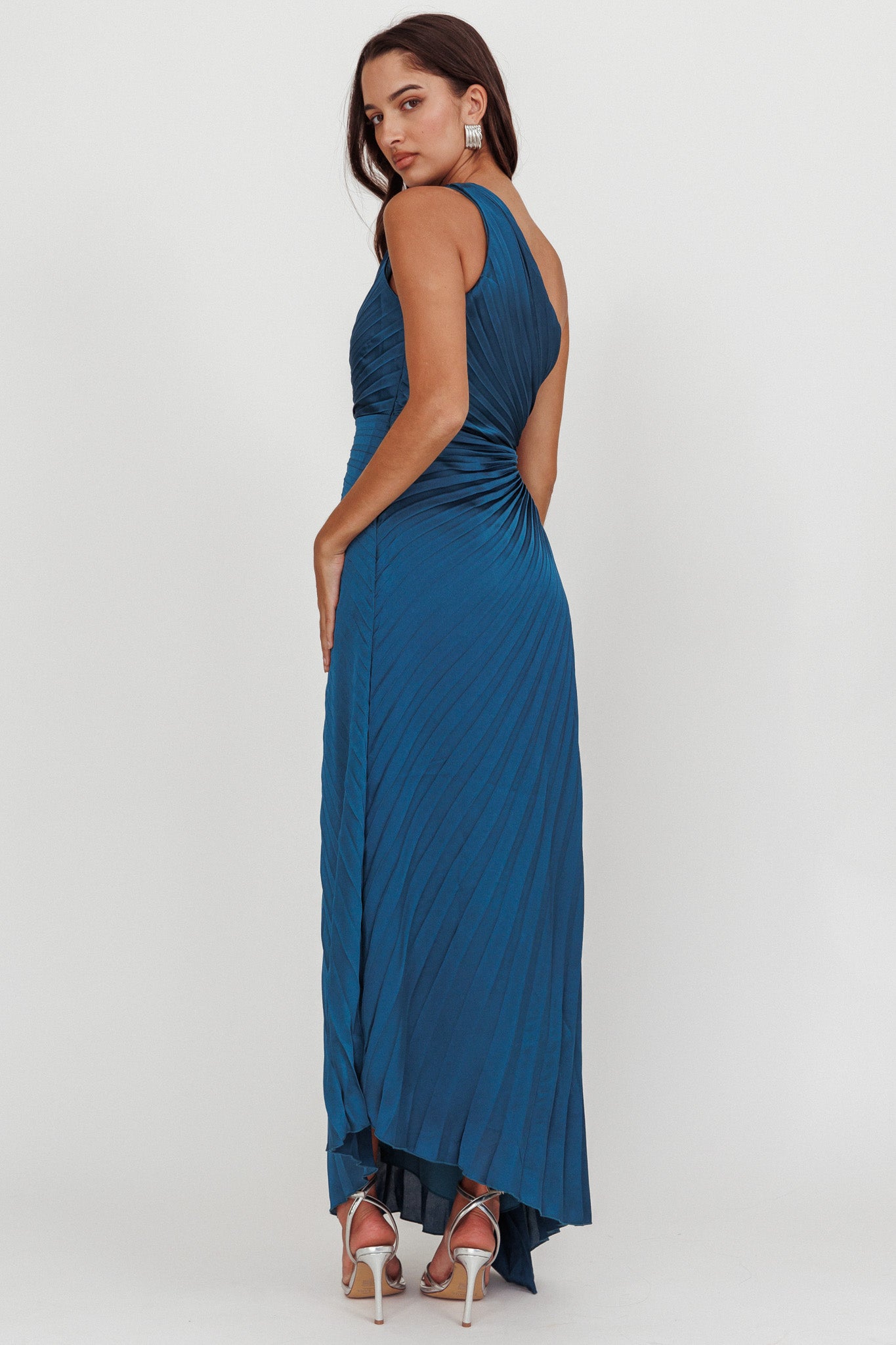 Shop the Amelie One-Shoulder Accordion Pleat Maxi Dress Teal