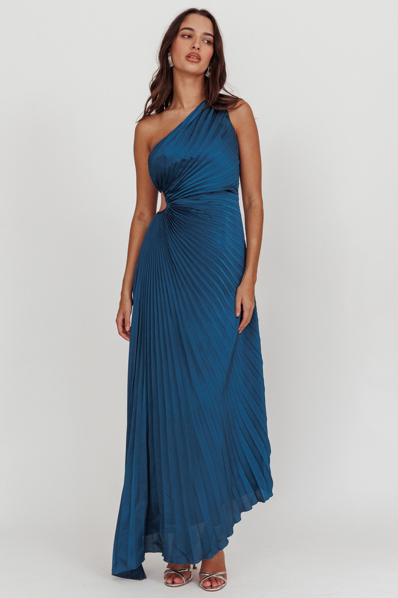 Amelie One-Shoulder Accordion Pleat Maxi Dress Teal by Selfie Leslie