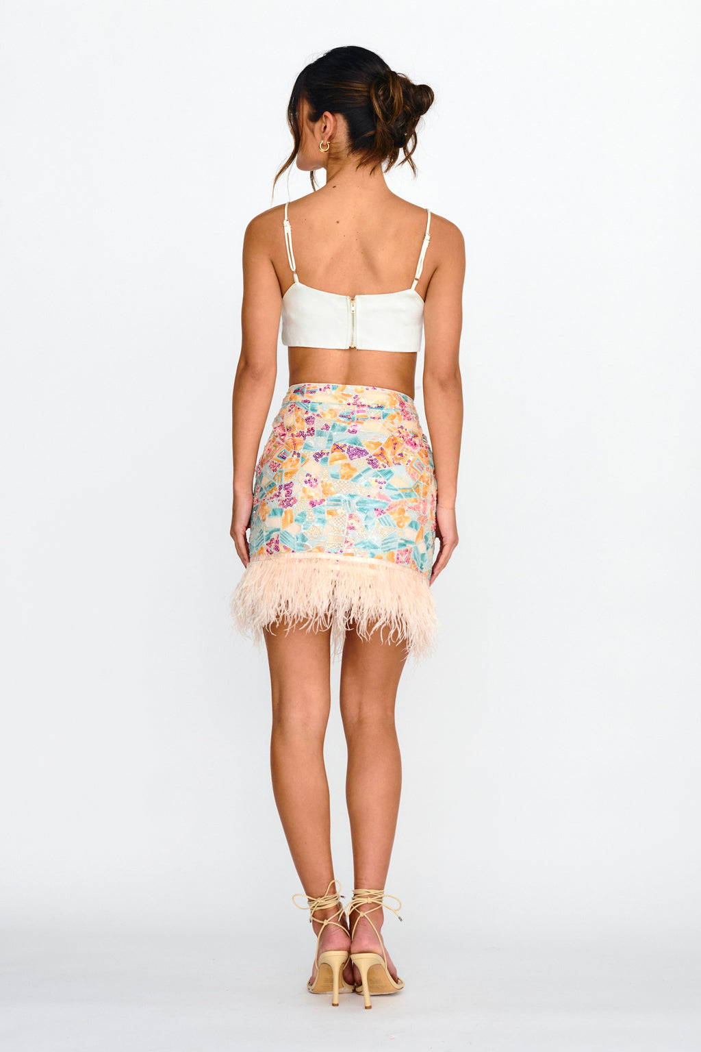 Popstar Sequin Feather Hem Skirt Cream Multi by Selfie Leslie