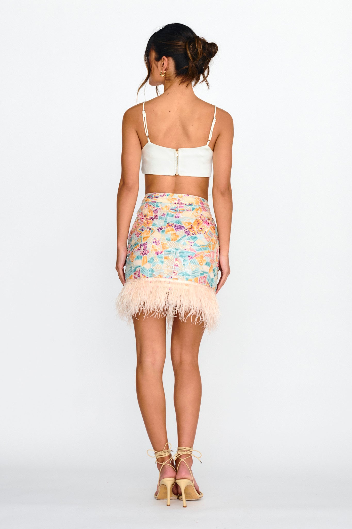 Popstar Sequin Feather Hem Skirt Cream Multi by Selfie Leslie