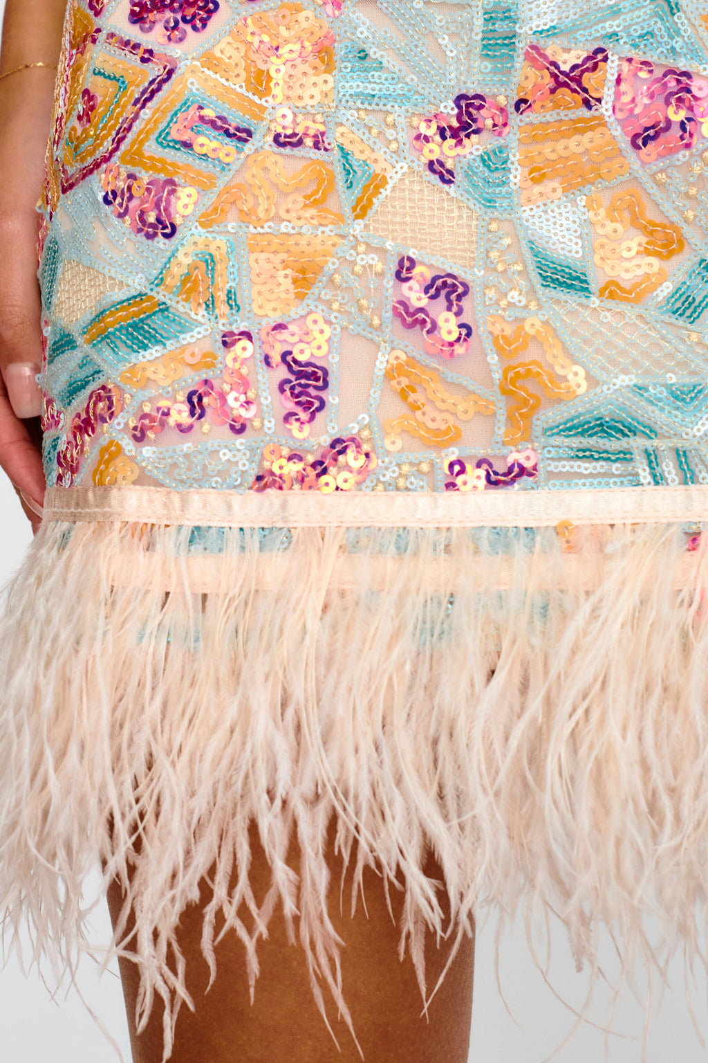 Popstar Sequin Feather Hem Skirt Cream Multi by Selfie Leslie