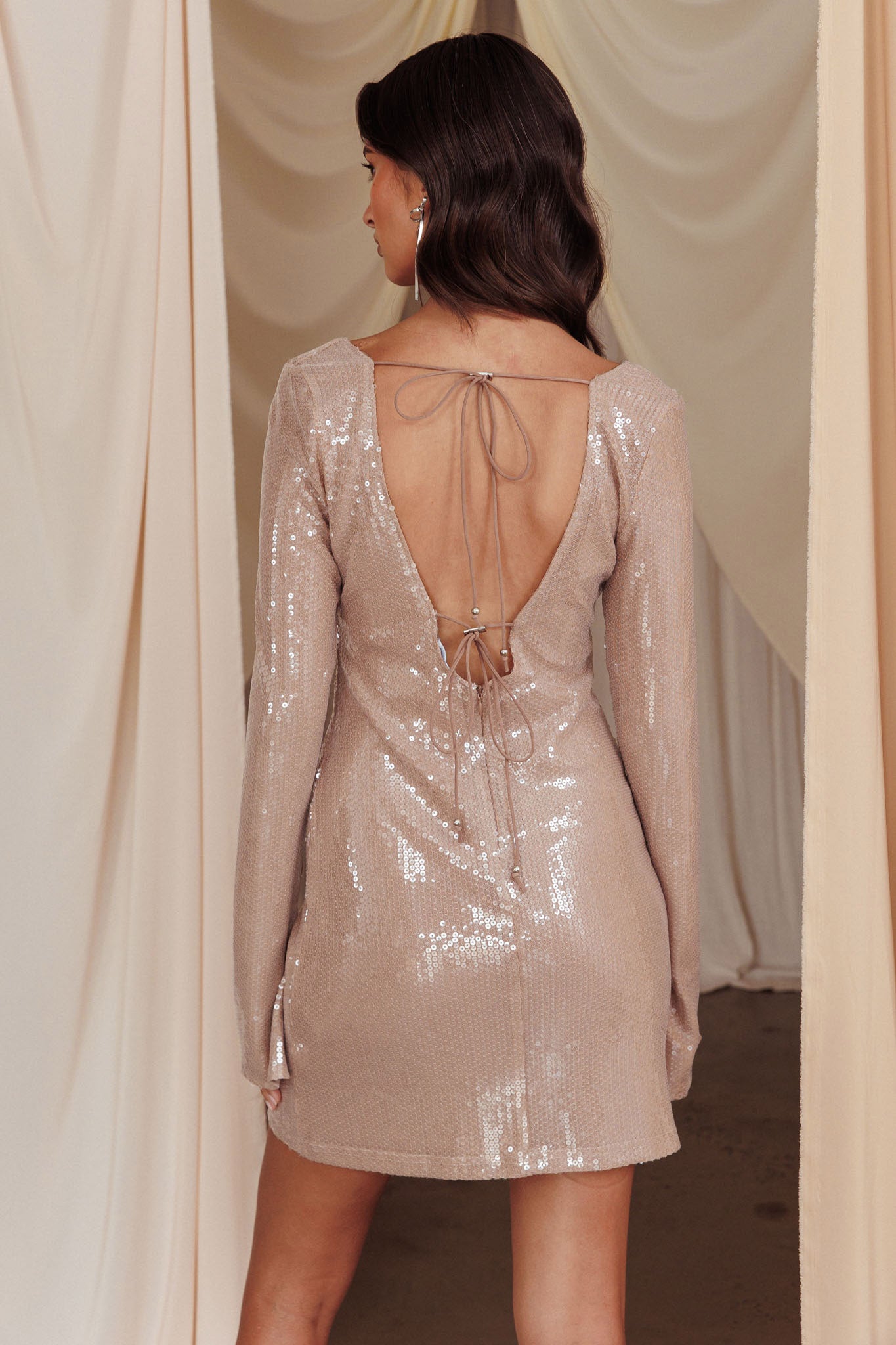 Poppin' Bottles Tied Bust Sequin Mini Dress Beige by Selfie Leslie