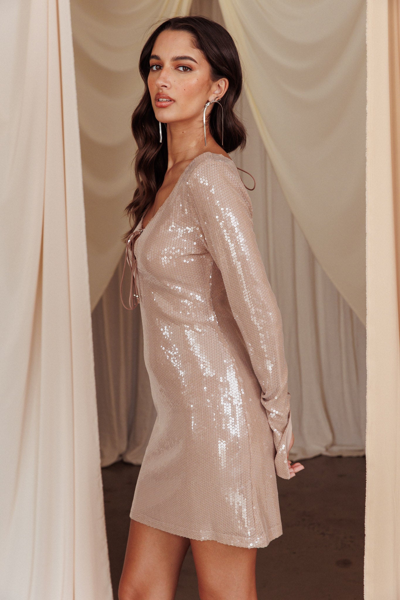Poppin' Bottles Tied Bust Sequin Mini Dress Beige by Selfie Leslie