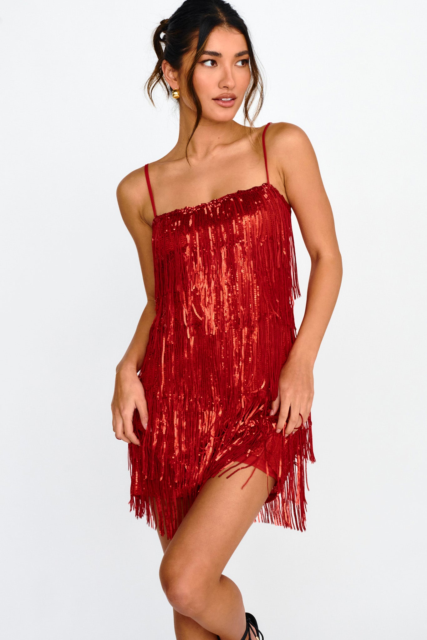 New York Nights Sequin Fringe Mini Dress Red by Selfie Leslie