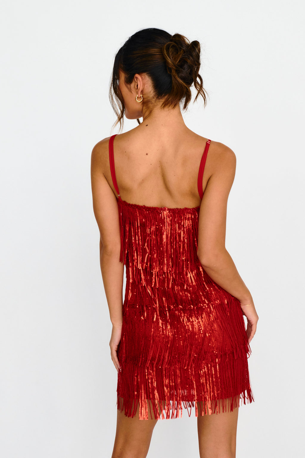 New York Nights Sequin Fringe Mini Dress Red by Selfie Leslie