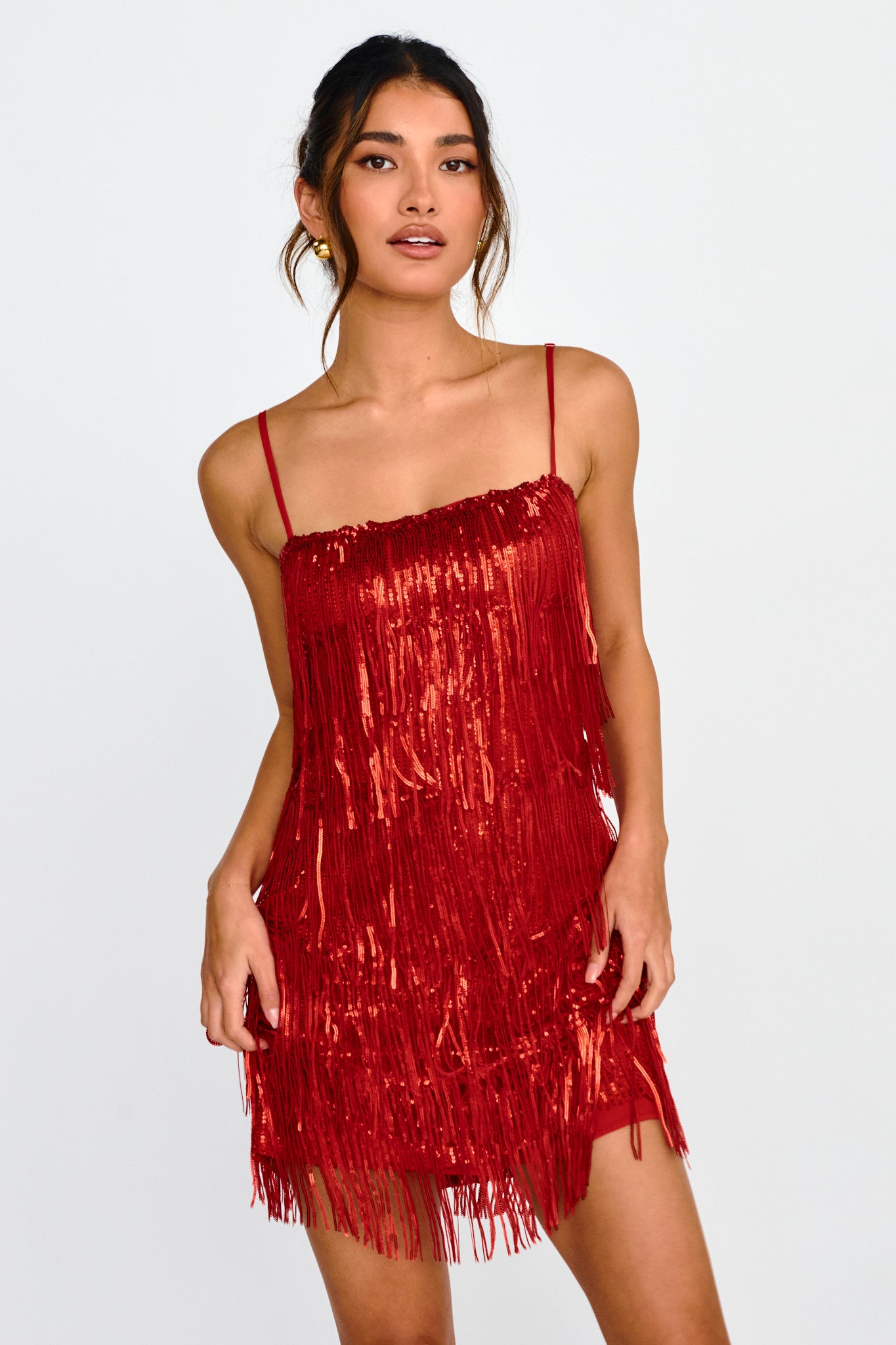 New York Nights Sequin Fringe Mini Dress Red by Selfie Leslie